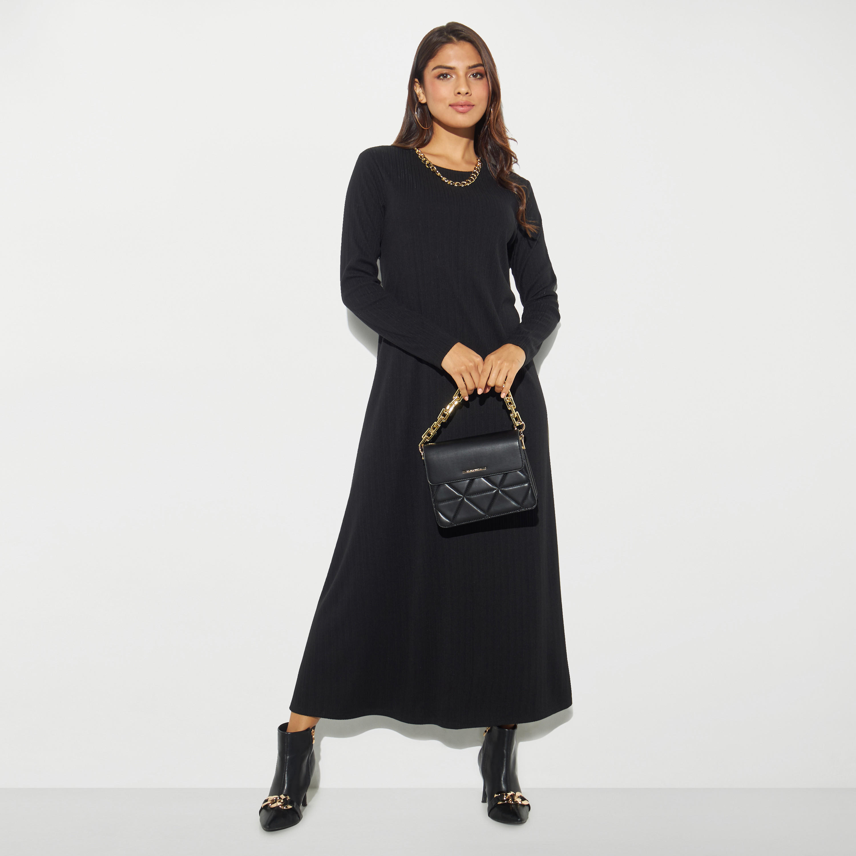 فستان إيه لاين ميدي مضلّع بياقة مستديرة وأكمام طويلة-women-clothing-dresses-image-1