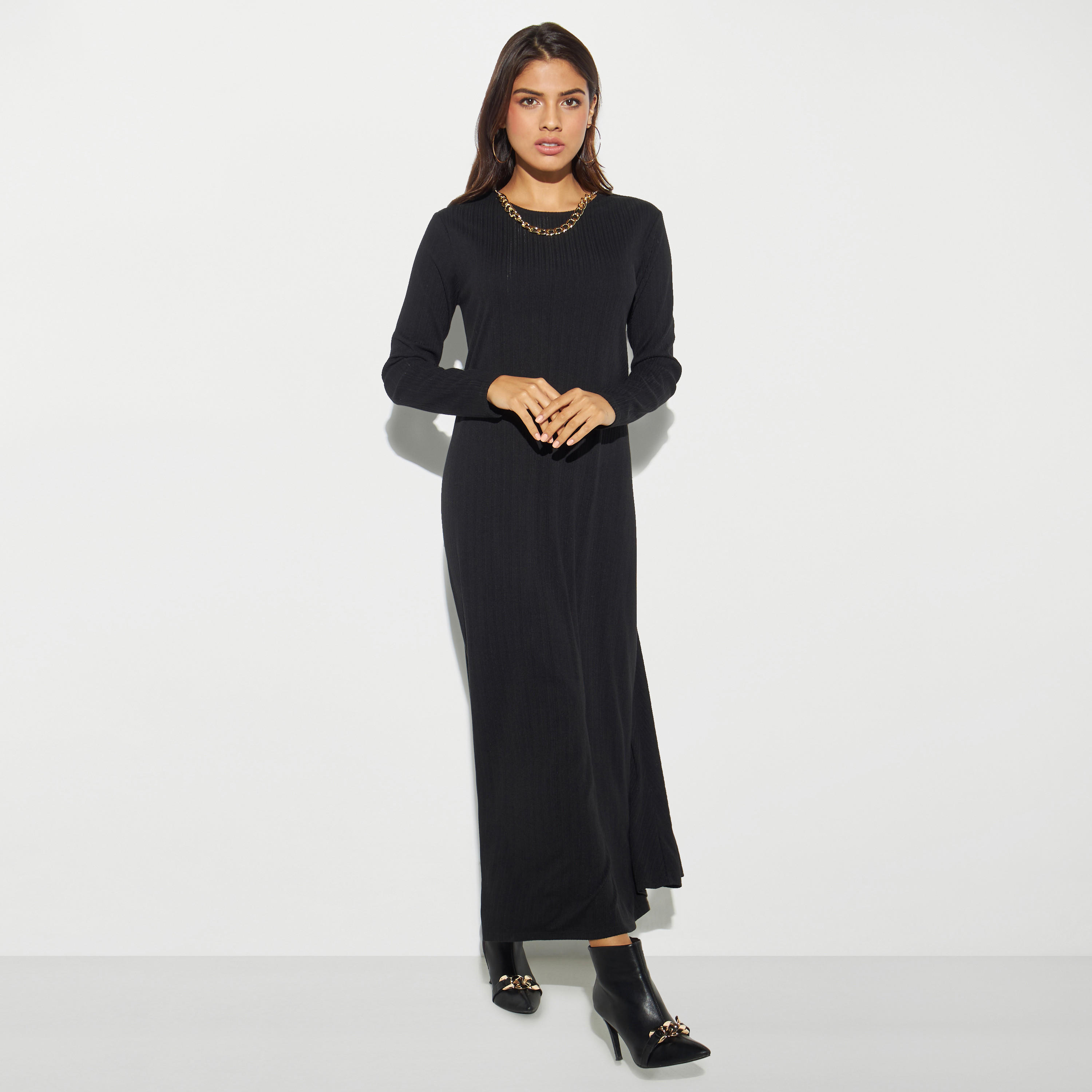 فستان إيه لاين ميدي مضلّع بياقة مستديرة وأكمام طويلة-women-clothing-dresses-image-2