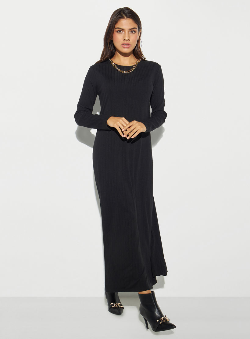 فستان إيه لاين ميدي مضلّع بياقة مستديرة وأكمام طويلة-women-clothing-dresses-image-2