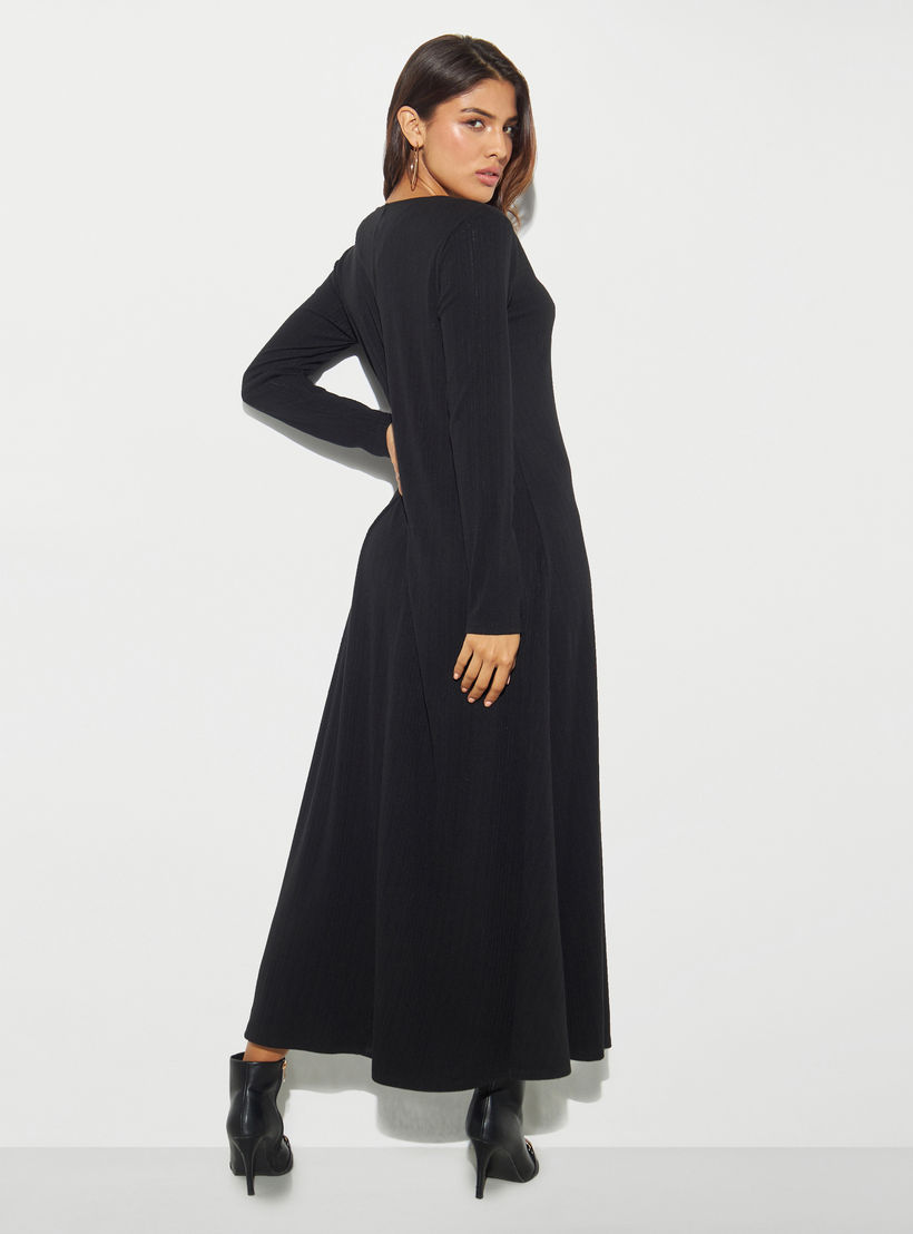 فستان إيه لاين ميدي مضلّع بياقة مستديرة وأكمام طويلة-women-clothing-dresses-image-3