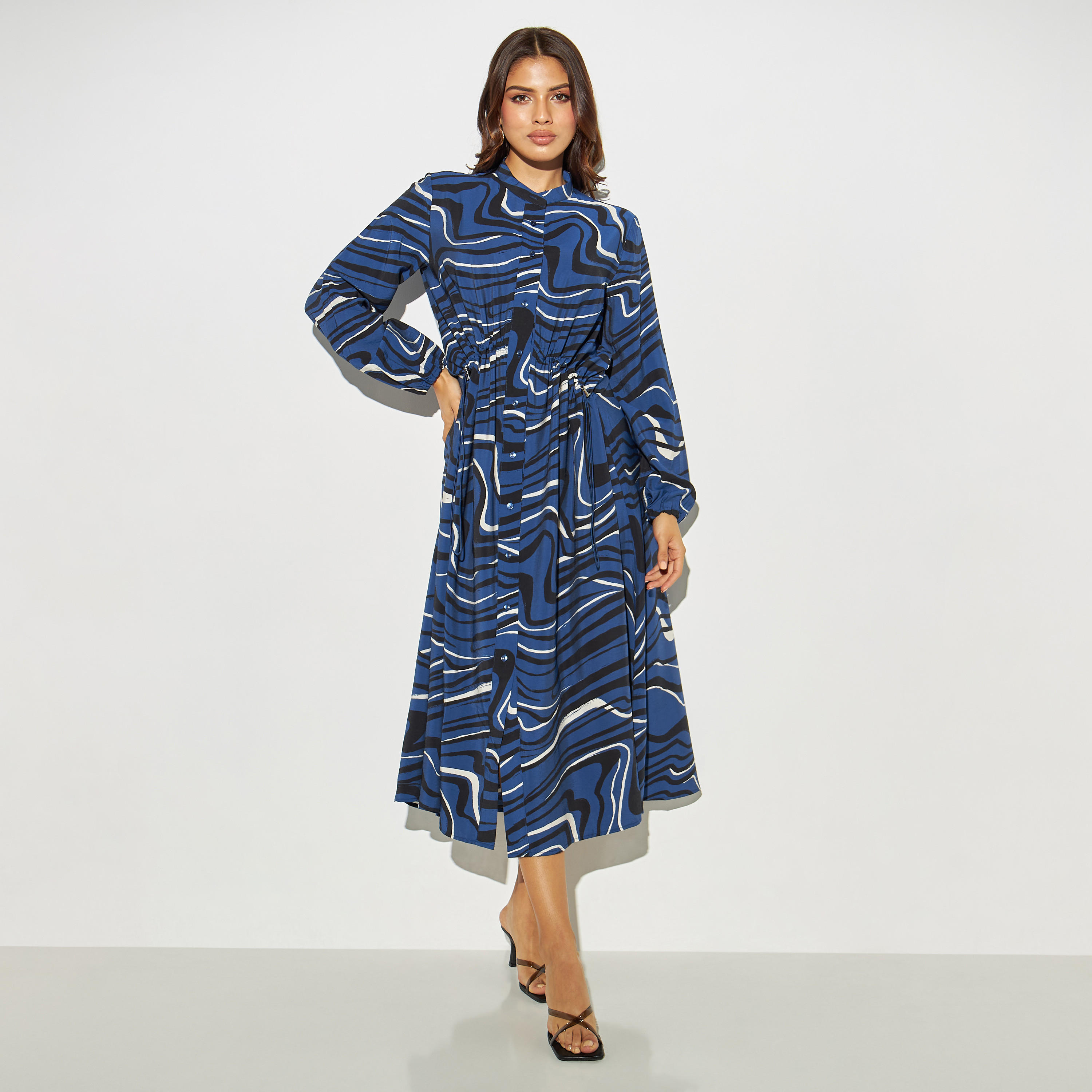 فستان قميص بياقة شريطية وتفاصيل رباط وطبعات-women-clothing-dresses-image-1