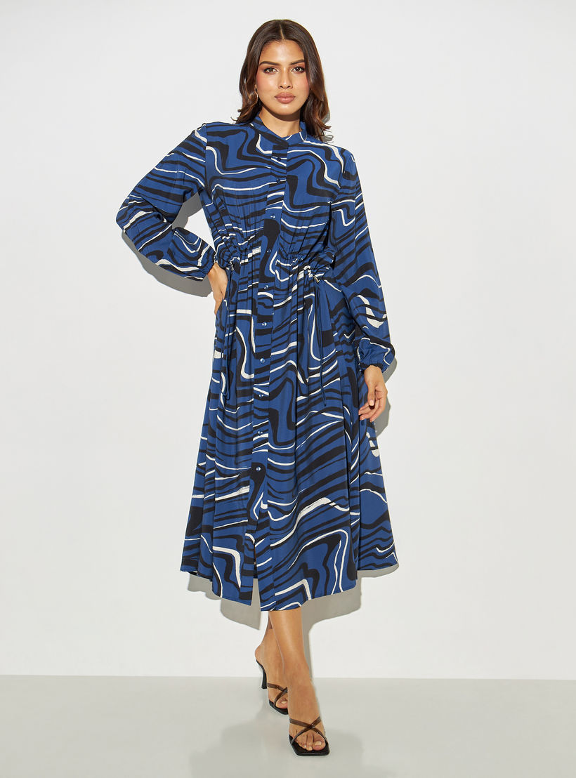 فستان قميص بياقة شريطية وتفاصيل رباط وطبعات-women-clothing-dresses-image-1