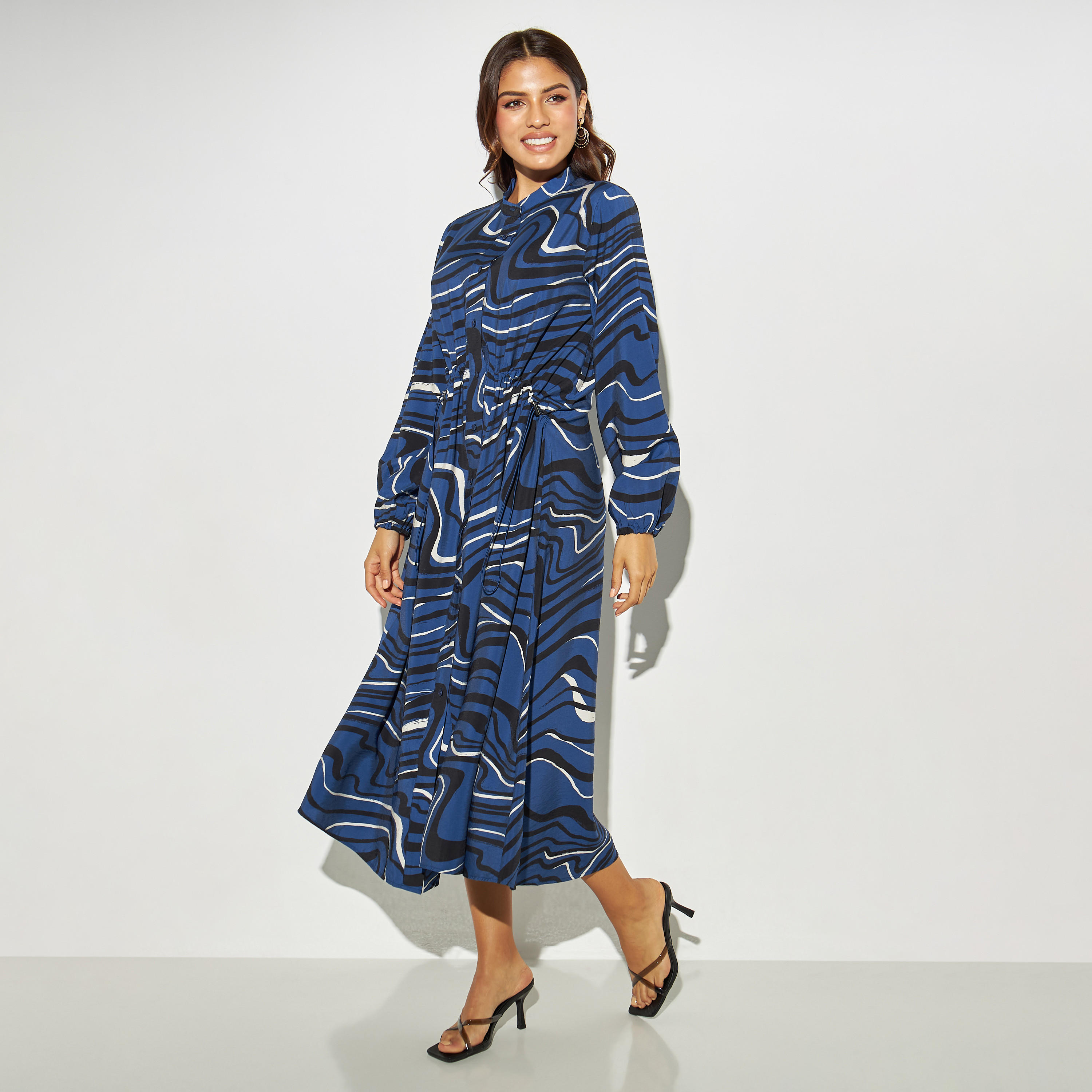 فستان قميص بياقة شريطية وتفاصيل رباط وطبعات-women-clothing-dresses-image-2