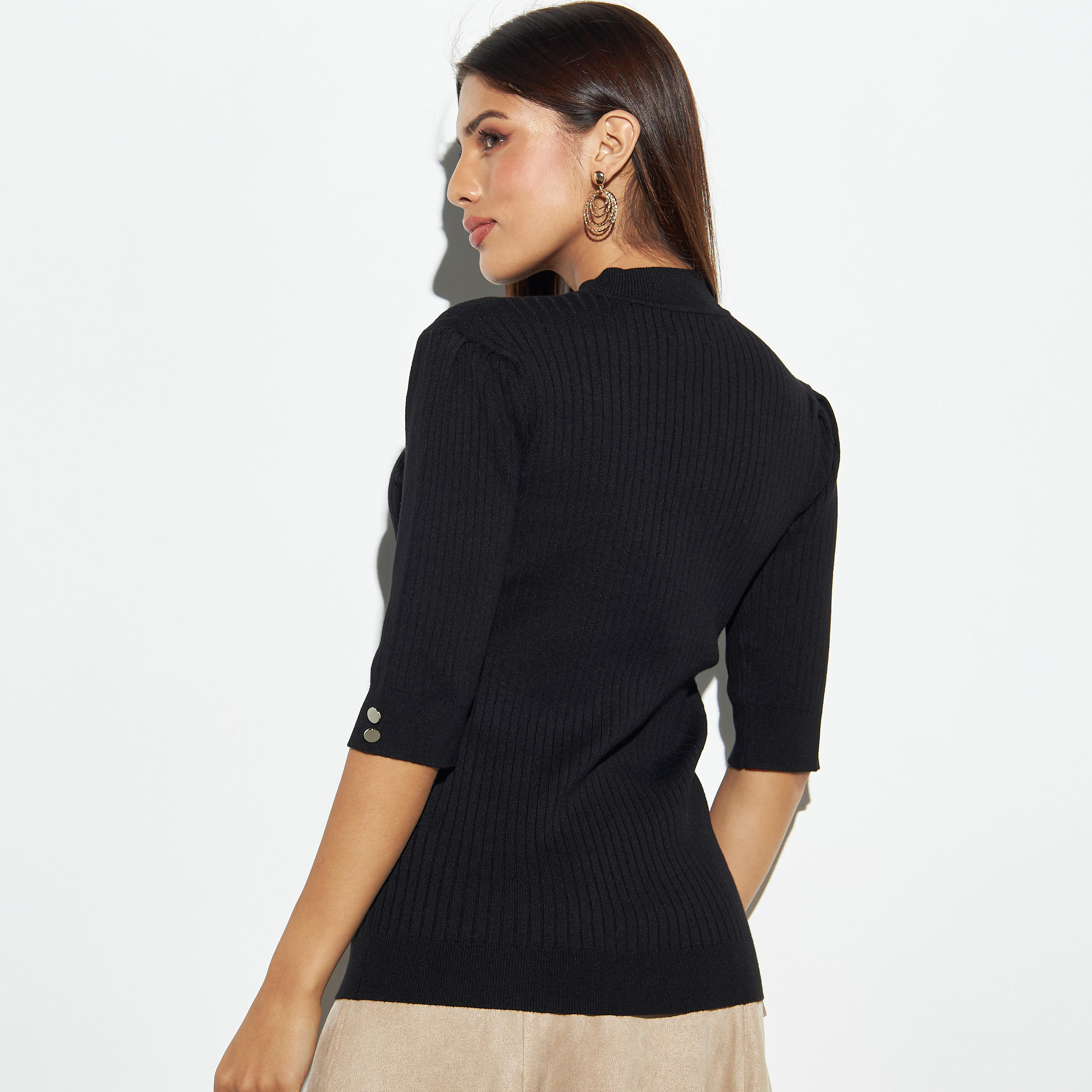 بلوزة مضلعة بياقة مستديرة عالية وأكمام قصيرة-women-clothing-shirtsandblouses-blouses-image-3