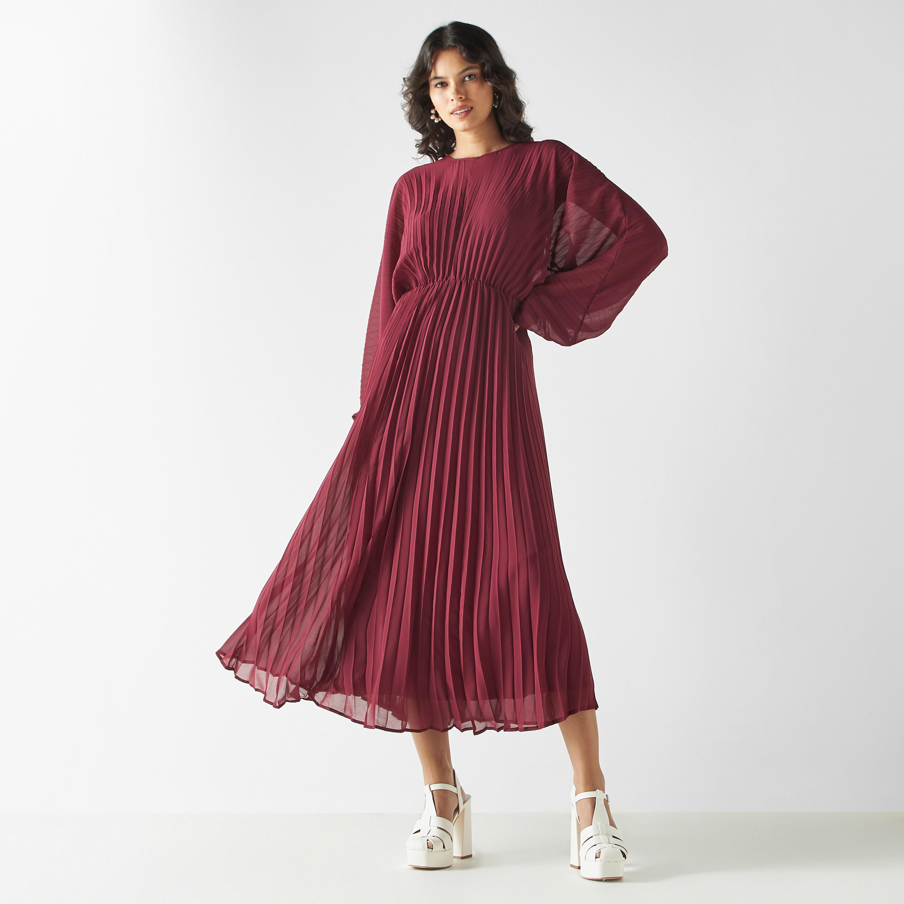 Pleated Midi Flared Dress with Tie-Up Back-women-clothing-dresses-image-1