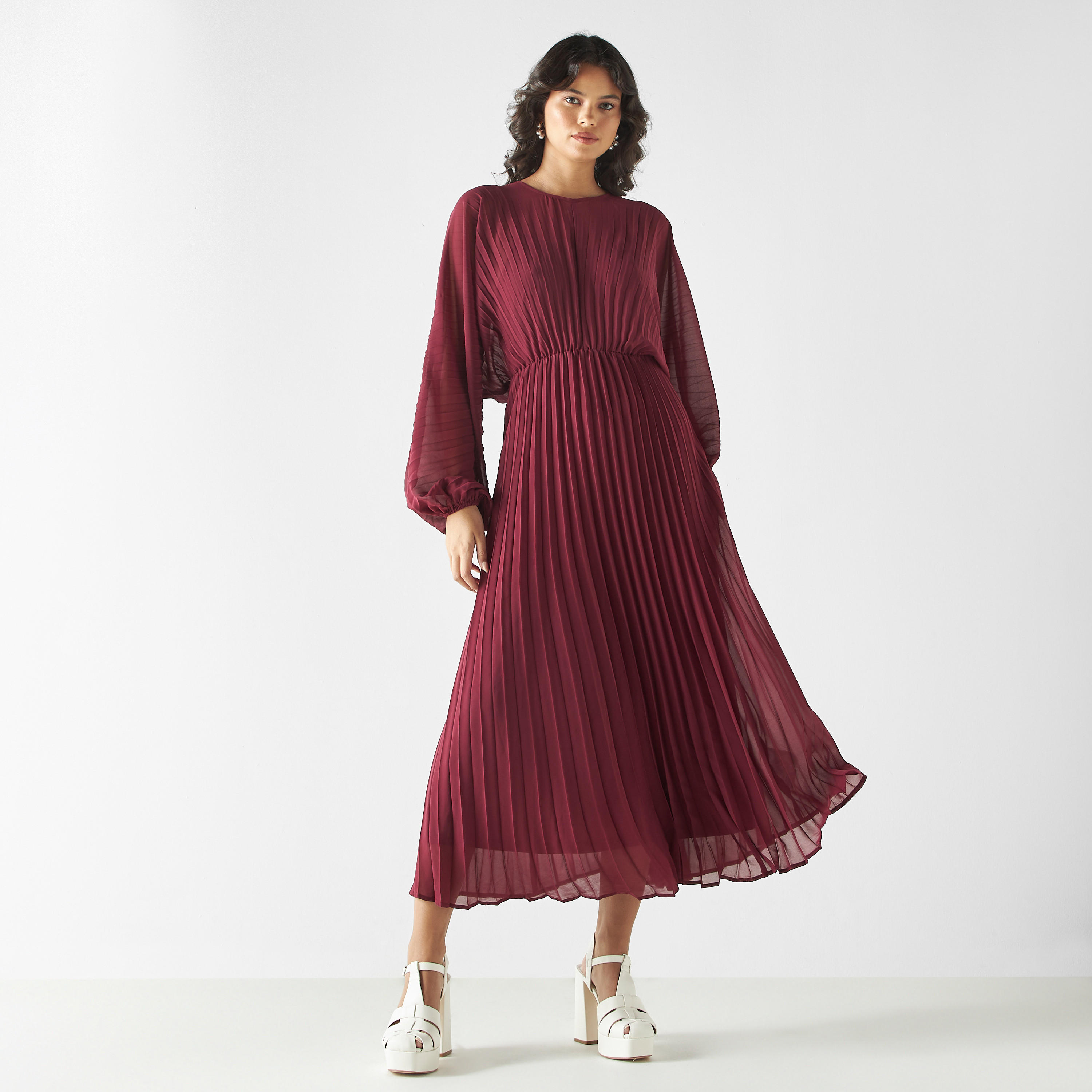 Pleated Midi Flared Dress with Tie-Up Back-women-clothing-dresses-image-2