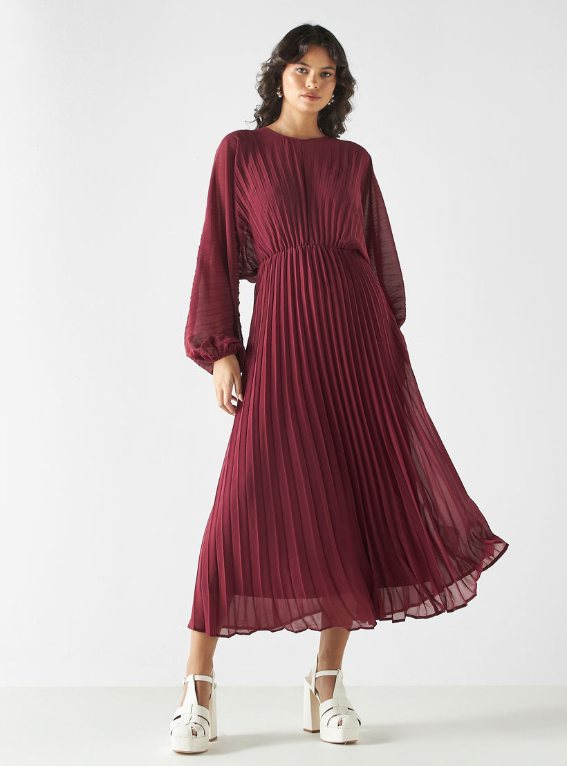Pleated Midi Flared Dress with Tie-Up Back-women-clothing-dresses-image-2