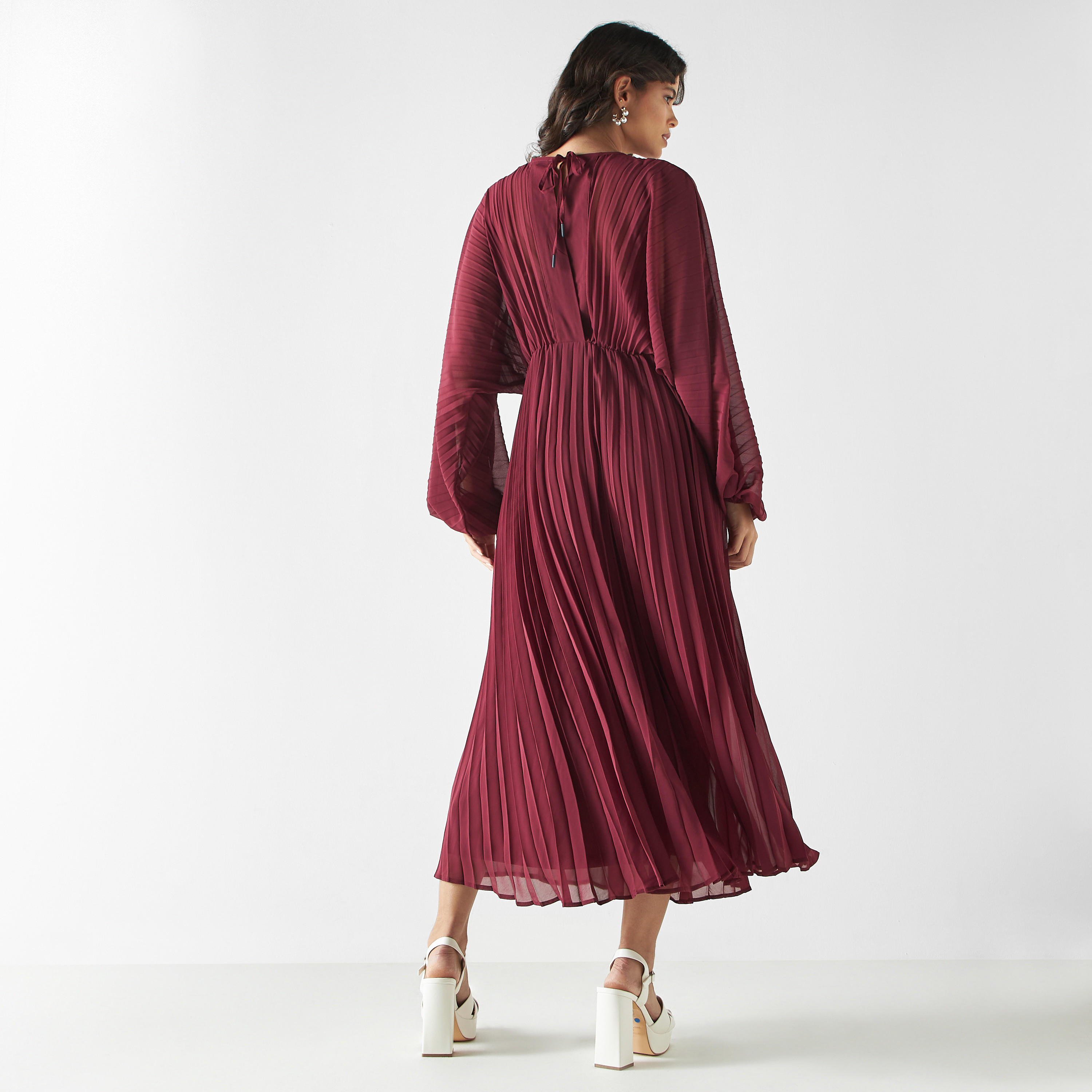 Pleated Midi Flared Dress with Tie-Up Back-women-clothing-dresses-image-3