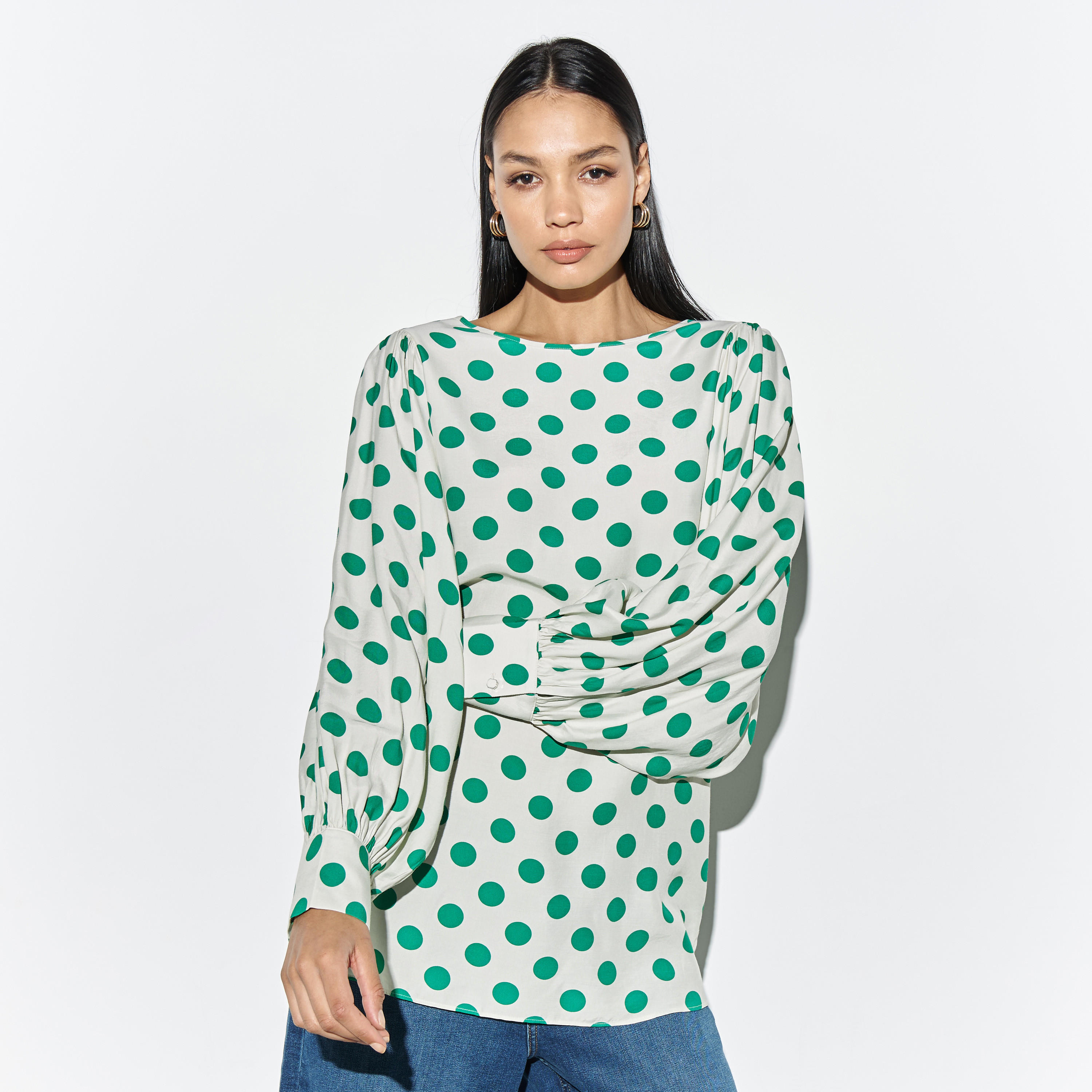 بلوزة بأكمام منفوخة وطبعات منقّطة-women-clothing-shirtsandblouses-blouses-image-1