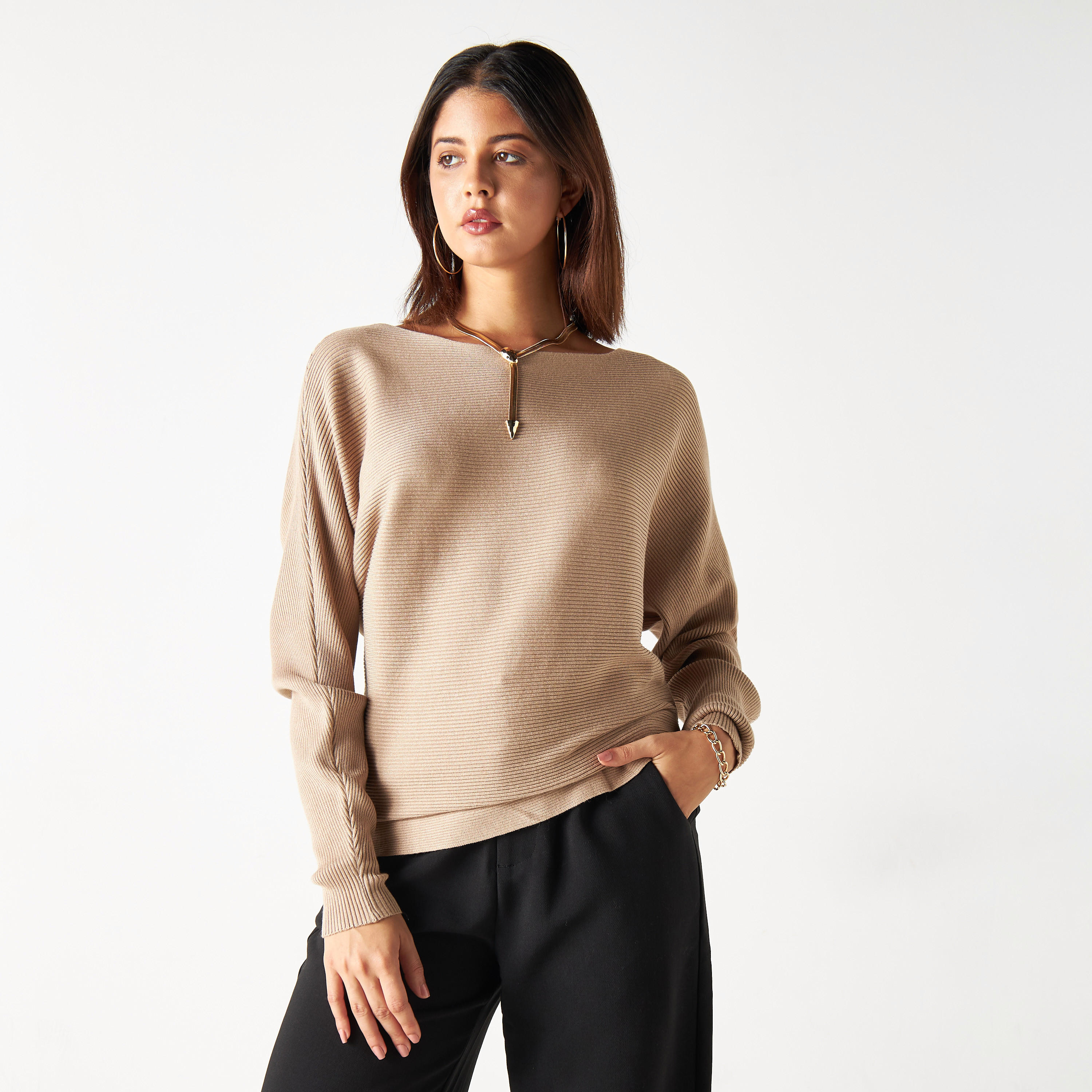 تيشيرت بارز الملمس بياقة مستديرة وأكمام واسعة-women-clothing-tshirts-image-5