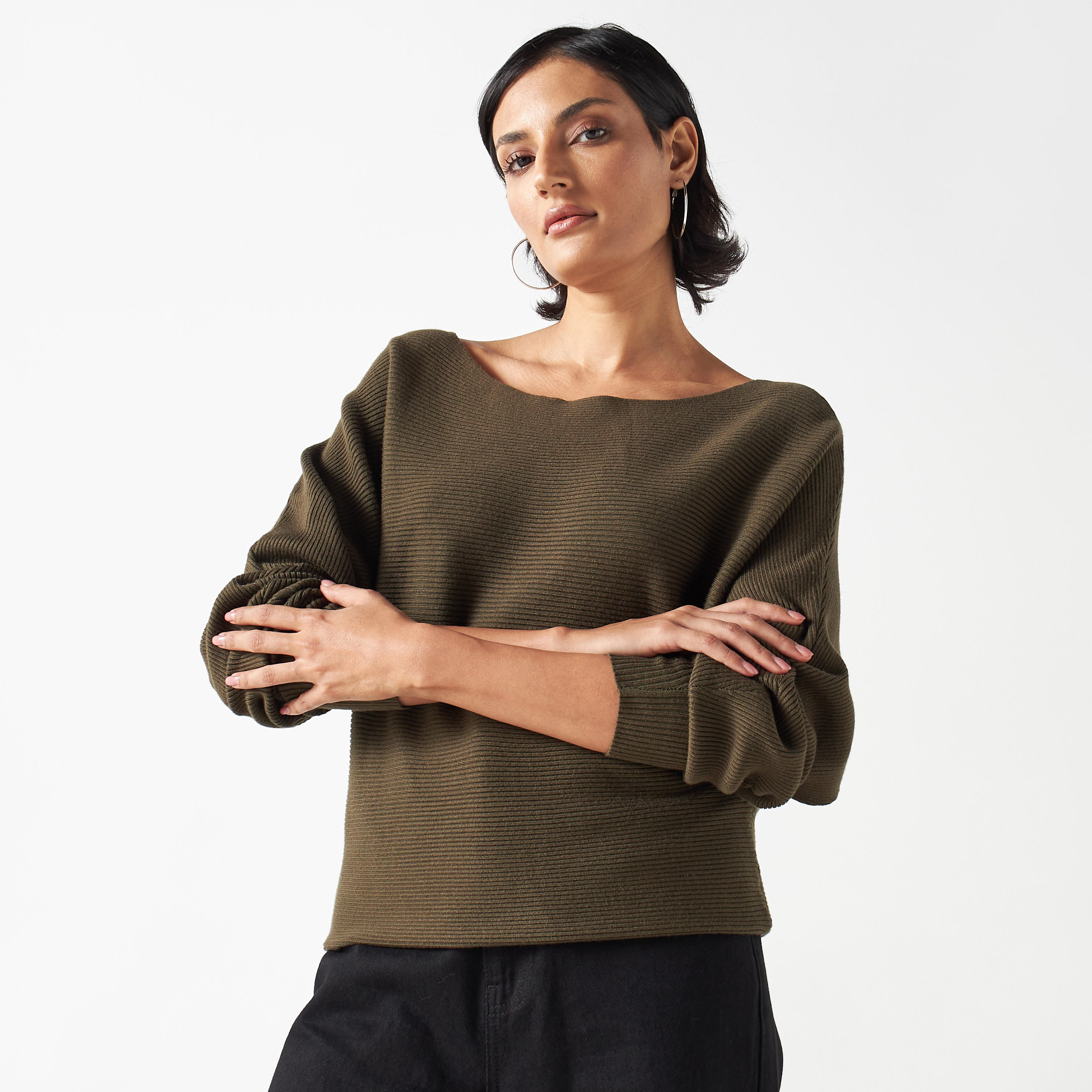 تيشيرت بارز الملمس بياقة مستديرة وأكمام واسعة-women-clothing-tshirts-image-9
