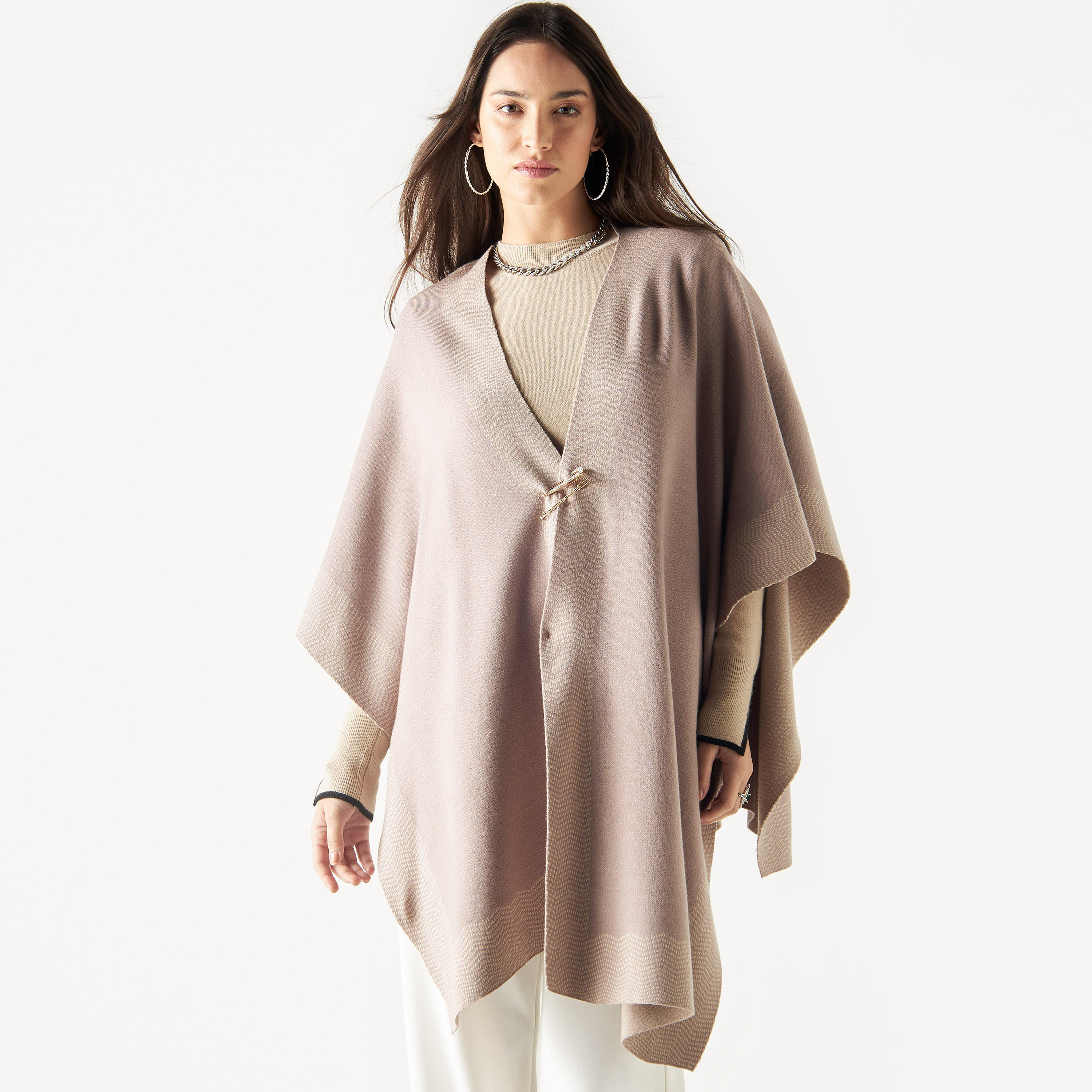 Chevron Border Shawl Poncho with Embellished Pin Closure-women-winterwear-cardigansandjumpers-cardigans-image-1
