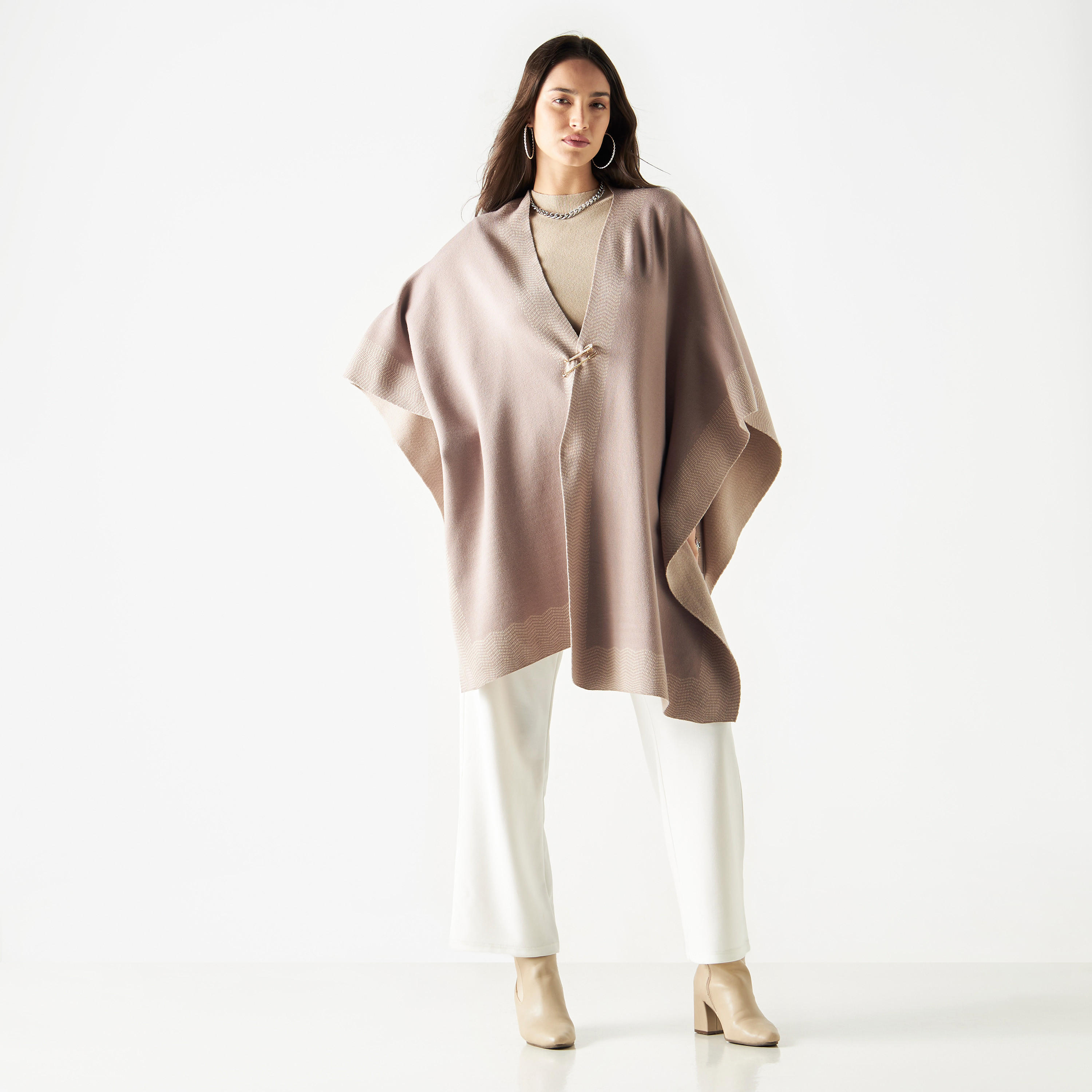 Chevron Border Shawl Poncho with Embellished Pin Closure-women-winterwear-cardigansandjumpers-cardigans-image-2