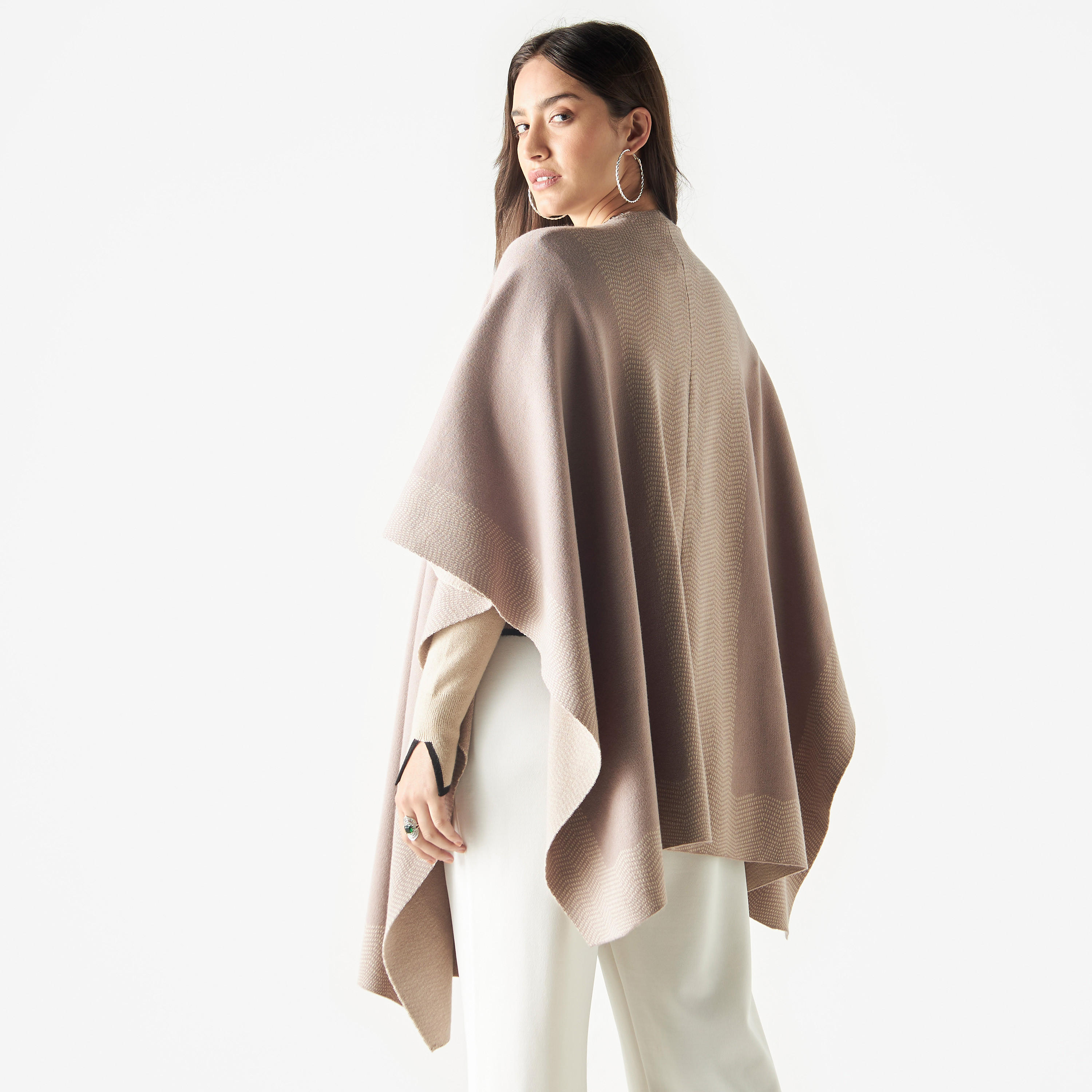 Chevron Border Shawl Poncho with Embellished Pin Closure-women-winterwear-cardigansandjumpers-cardigans-image-3