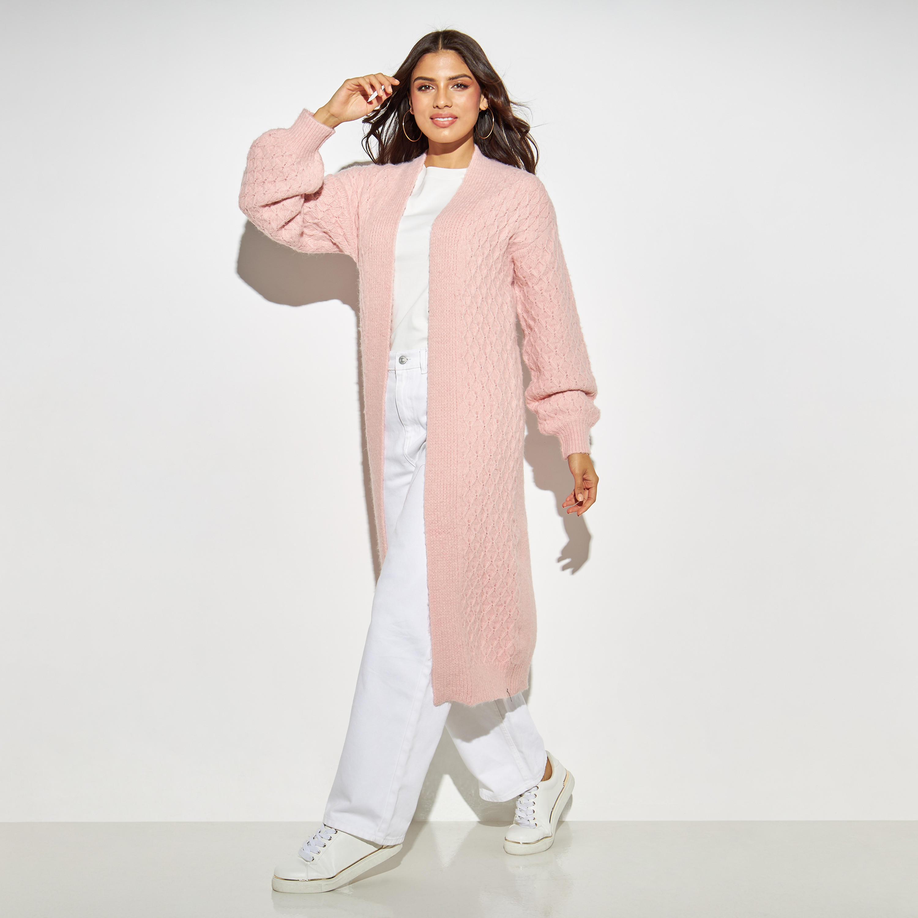 Cable Knit Longline Open Front Cardigan-women-winterwear-cardigansandjumpers-cardigans-image-2
