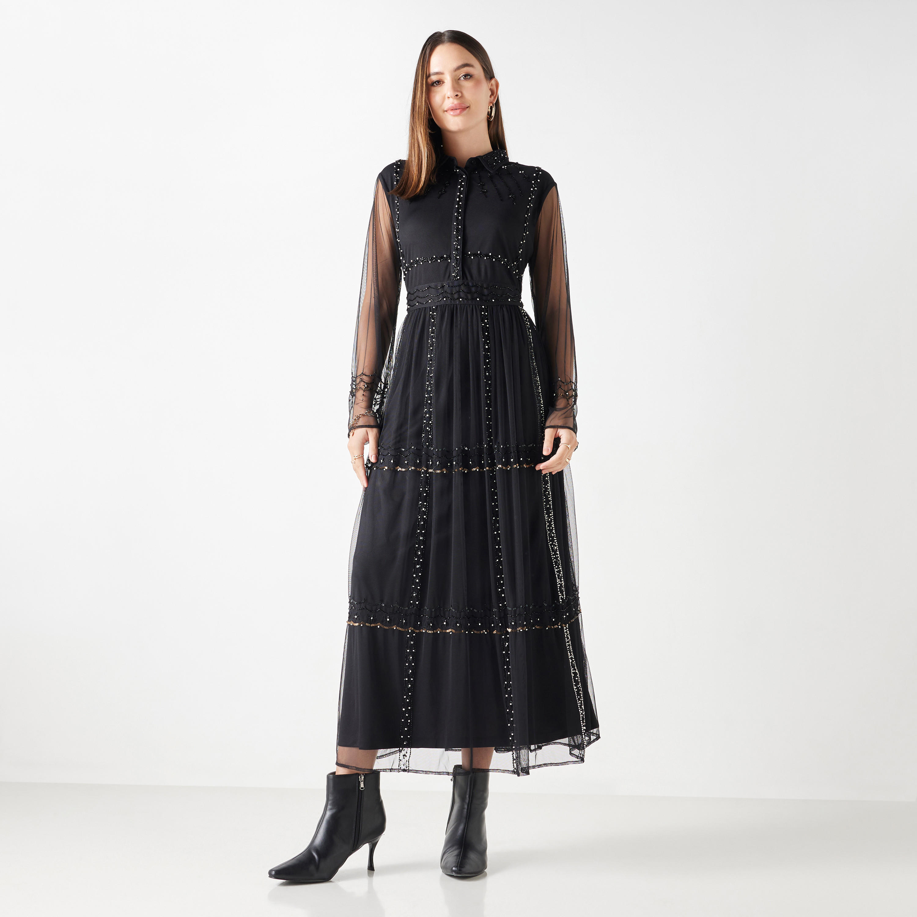 فستان طويل بياقة مزينة بالترتر وأكمام شبكية طويلة-women-clothing-dresses-image-1