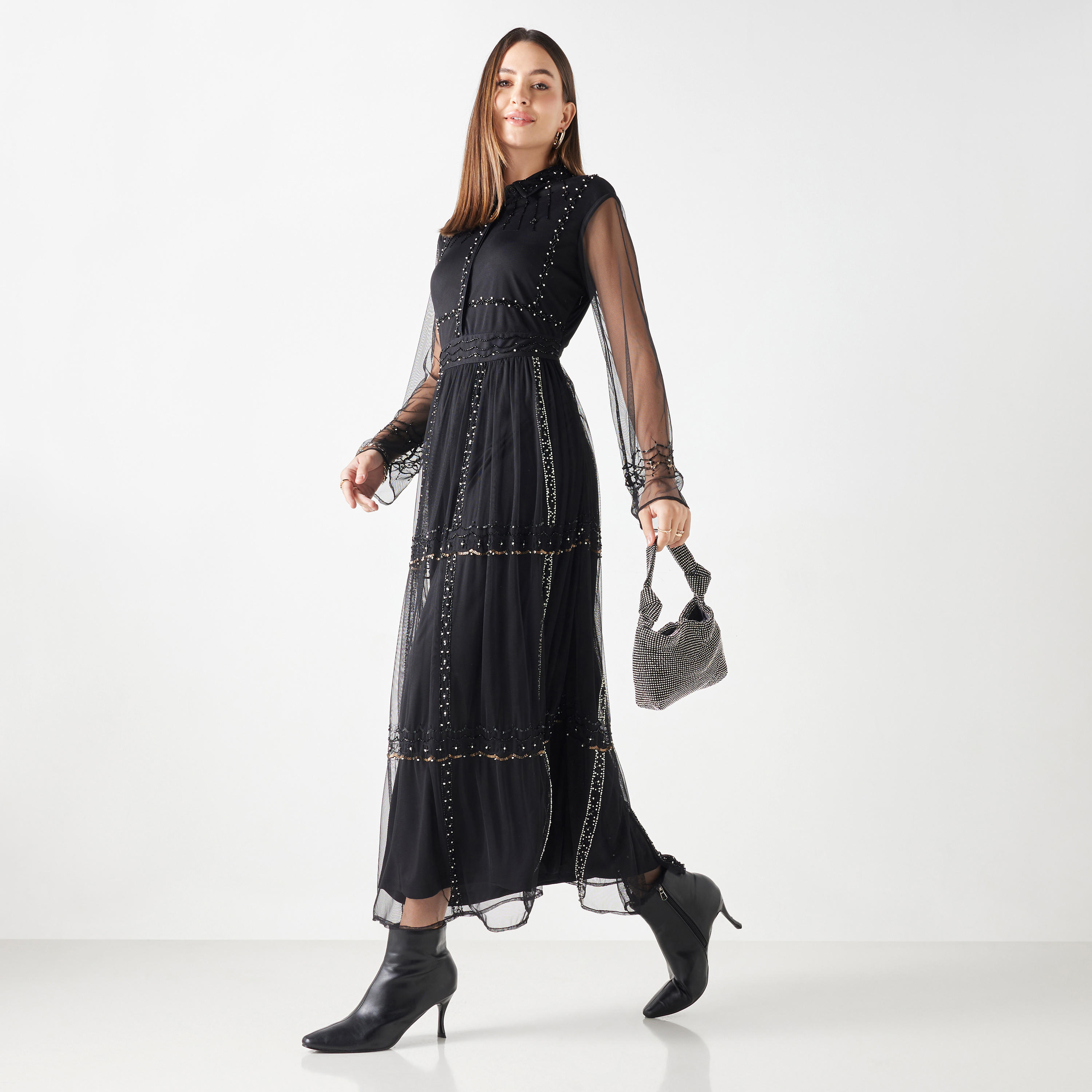 فستان طويل بياقة مزينة بالترتر وأكمام شبكية طويلة-women-clothing-dresses-image-2