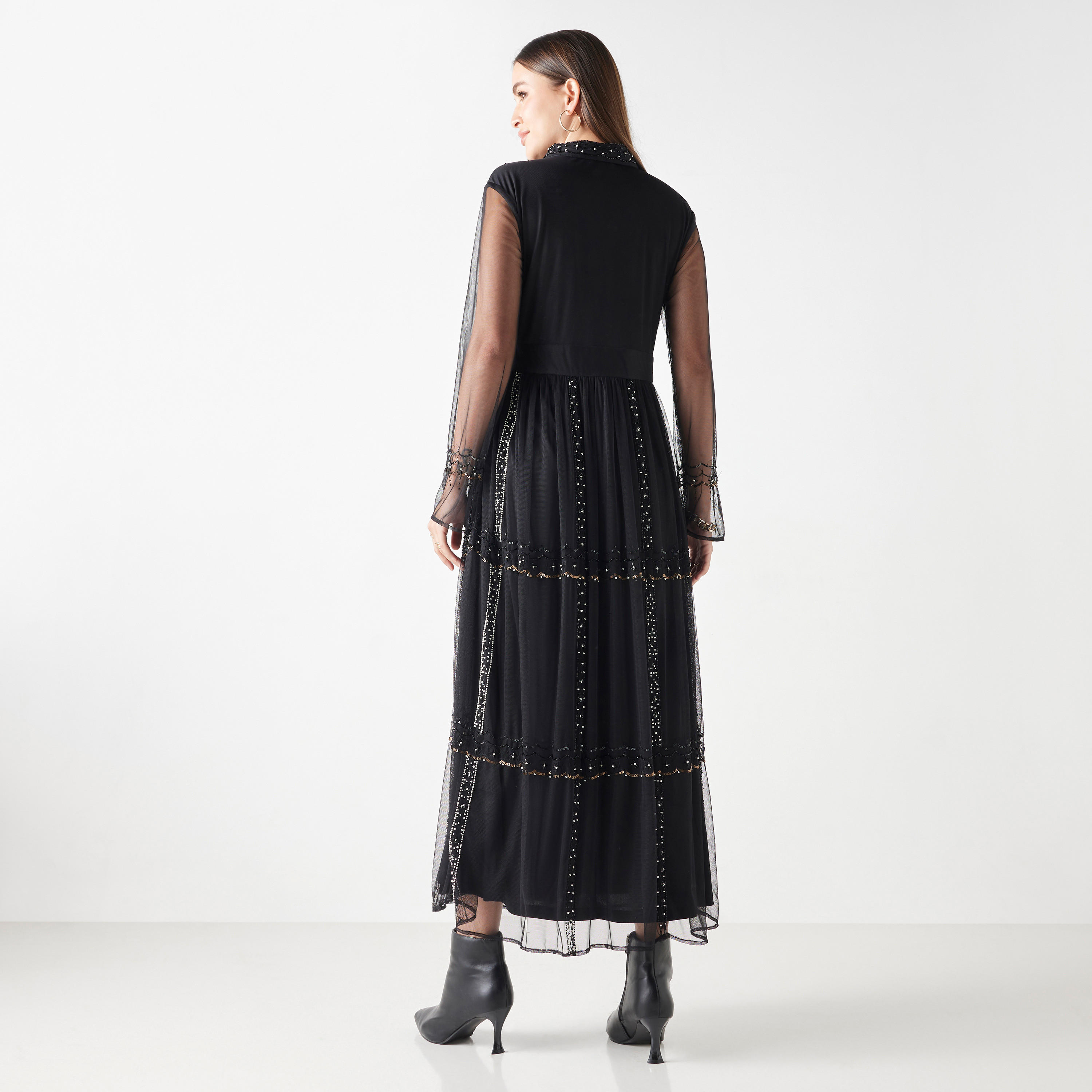 فستان طويل بياقة مزينة بالترتر وأكمام شبكية طويلة-women-clothing-dresses-image-3