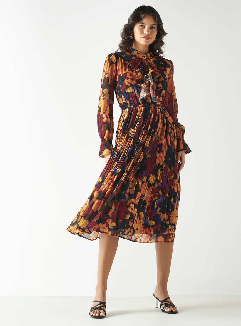 فستان بأكمام طويلة وكشكش وطبعات أزهار-women-clothing-dresses-image-1
