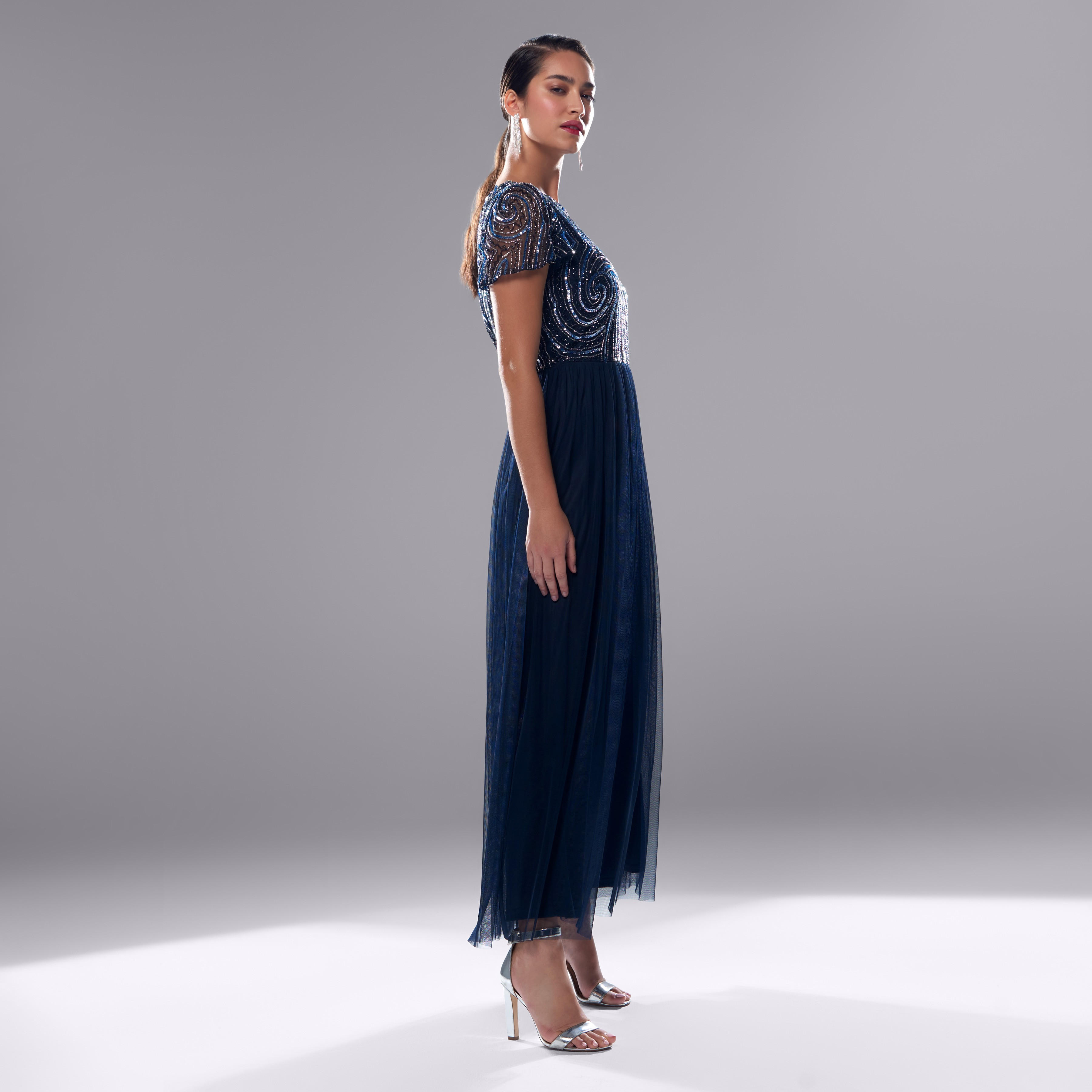 فستان طويل مزين بياقة مستديرة وأكمام قصيرة-women-clothing-dresses-image-2