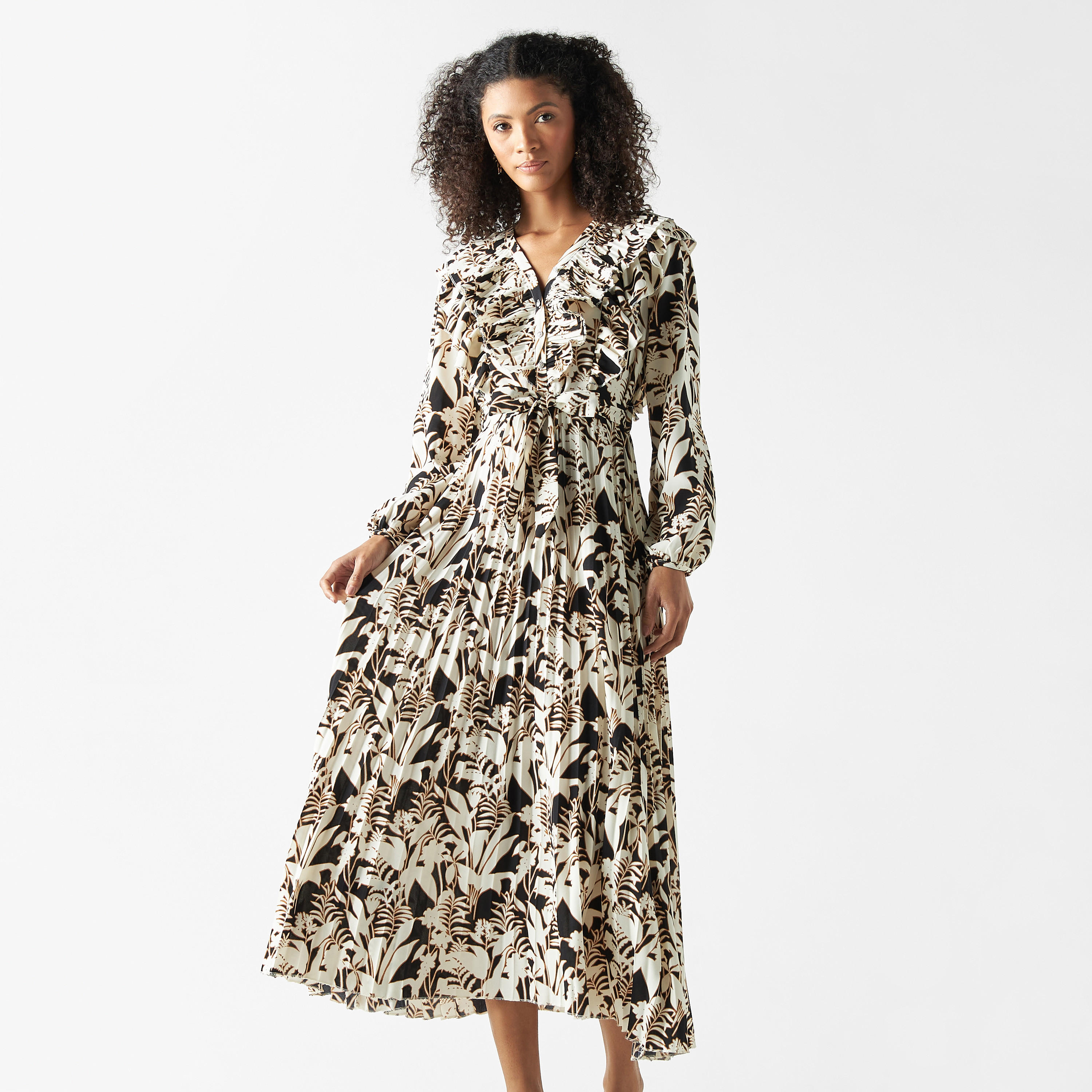 فستان ميدي بحزام ربط وكشكش وطبعات أزهار-women-clothing-dresses-image-1