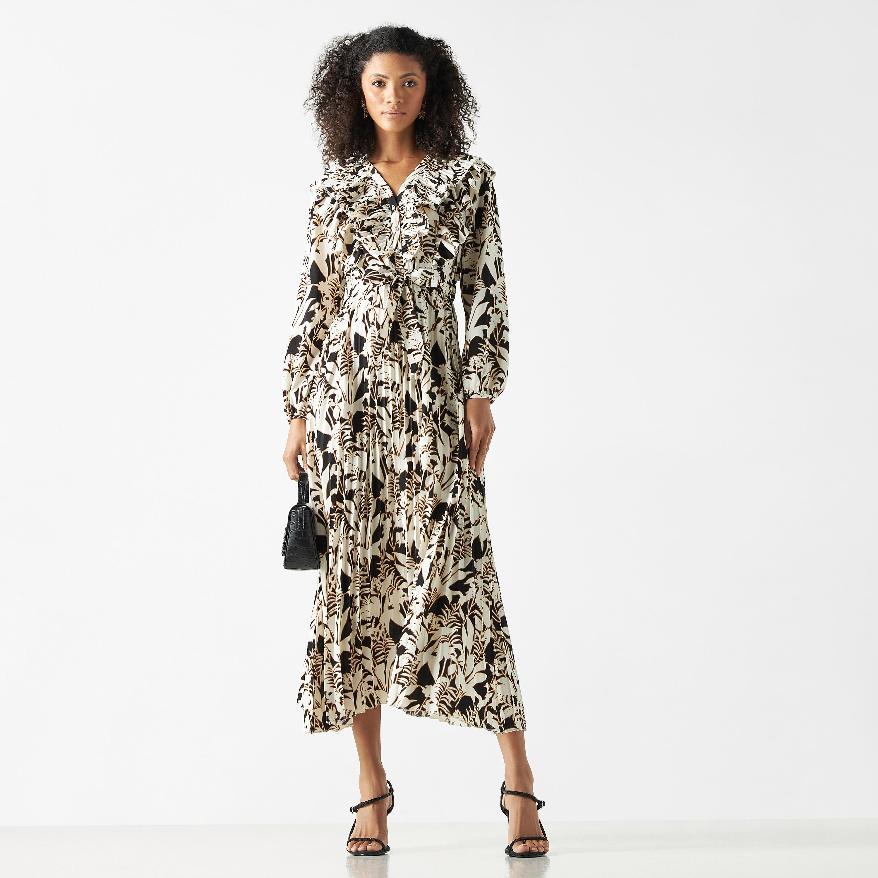 فستان ميدي بحزام ربط وكشكش وطبعات أزهار-women-clothing-dresses-image-2