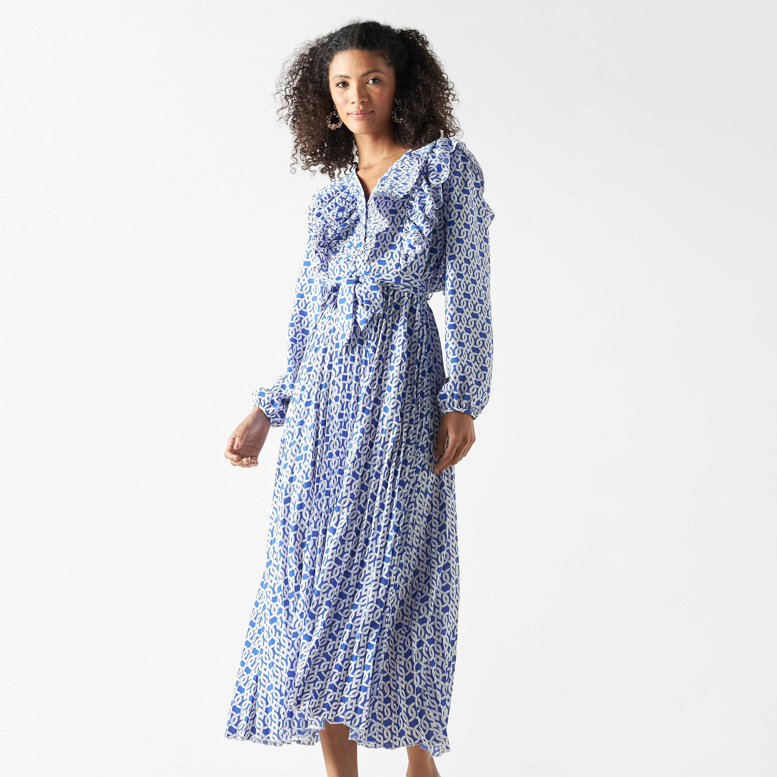 فستان ميدي بطبعات وكشكش وحزام رباط-women-clothing-dresses-image-1