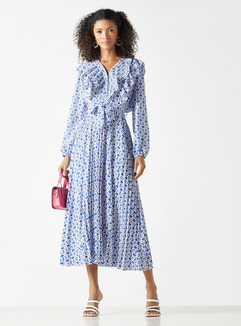 فستان ميدي بطبعات وكشكش وحزام رباط-women-clothing-dresses-image-2
