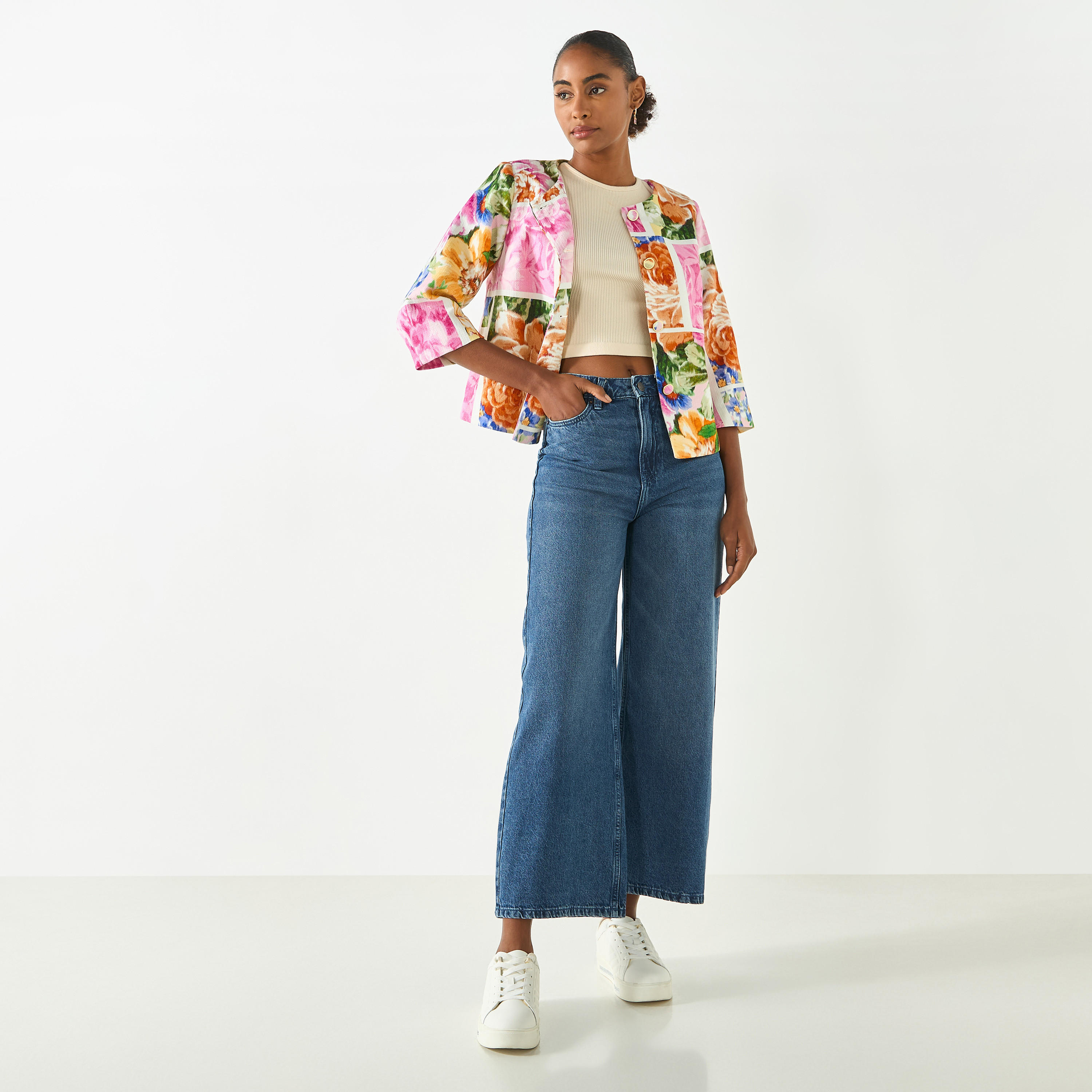 بنطلون جينز سادة واسع الساقين بخصر متوسط الارتفاع-women-clothing-bottoms-jeans-image-2