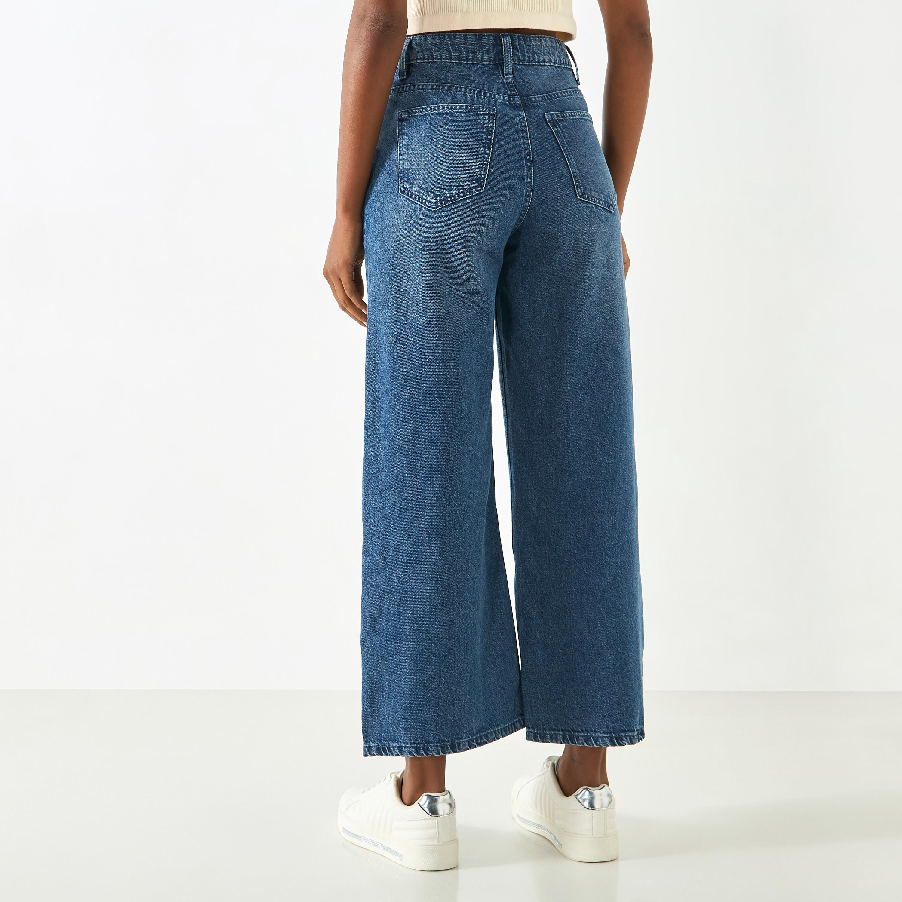 بنطلون جينز سادة واسع الساقين بخصر متوسط الارتفاع-women-clothing-bottoms-jeans-image-3