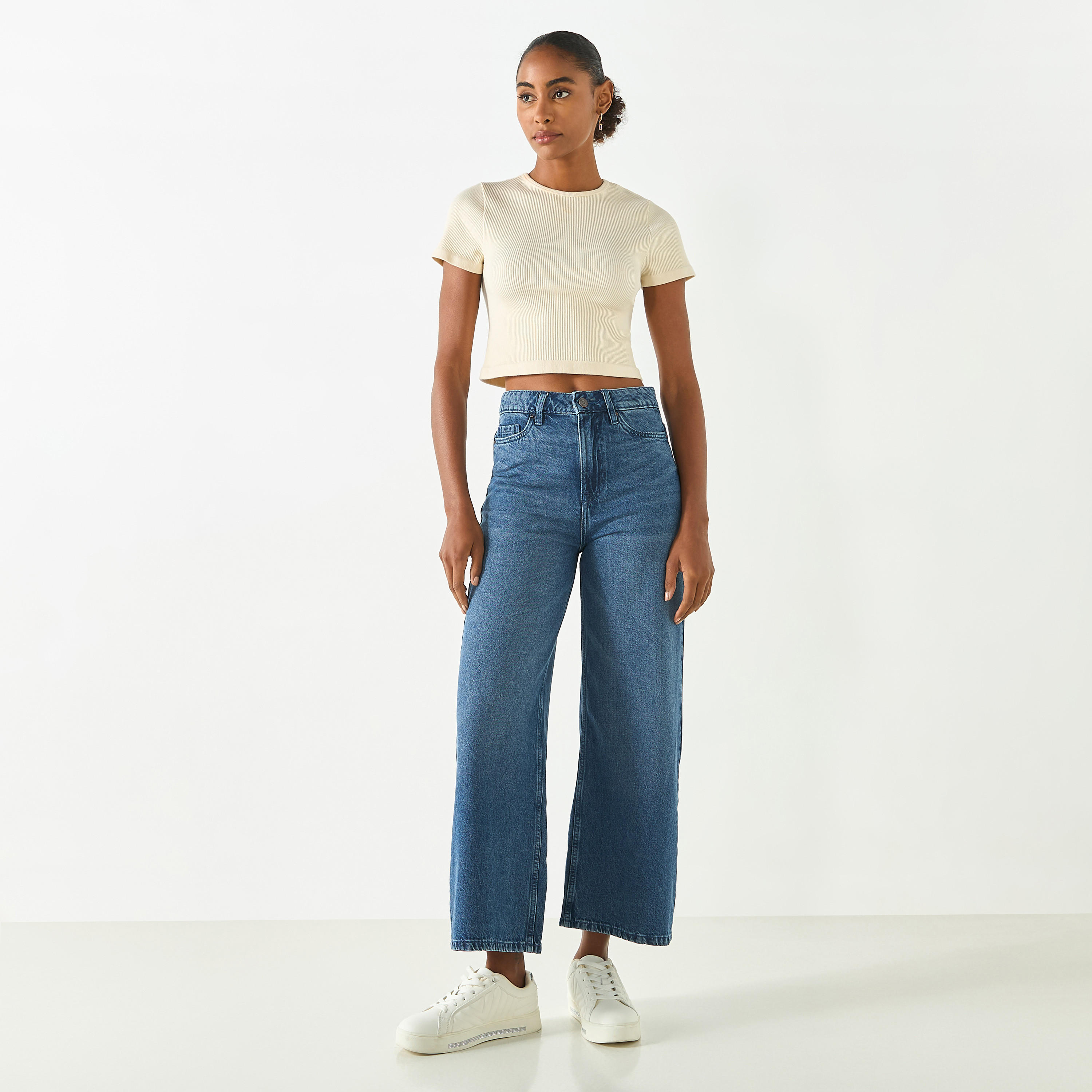 بنطلون جينز سادة واسع الساقين بخصر متوسط الارتفاع-women-clothing-bottoms-jeans-image-5