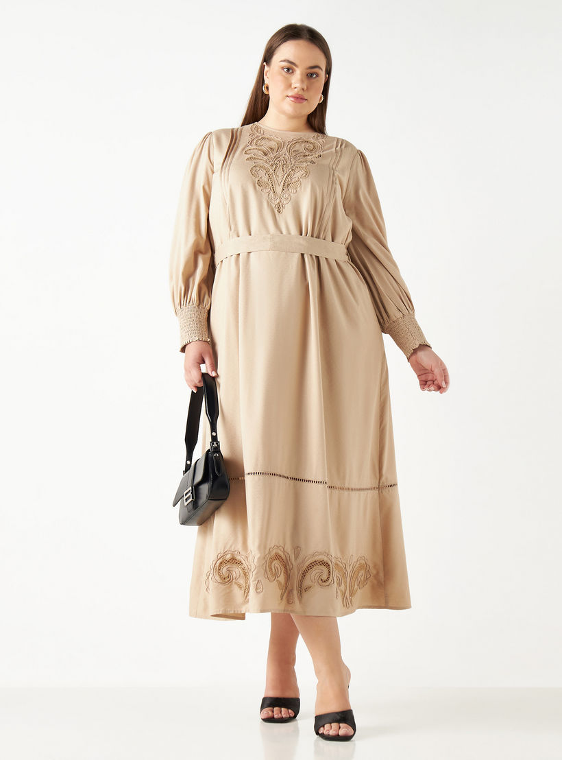 فستان إيه لاين ميدي مطرز بأكمام طويلة وحزام رباط-women-clothing-dresses-image-2
