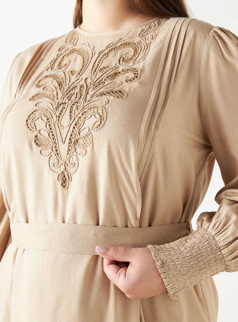 فستان إيه لاين ميدي مطرز بأكمام طويلة وحزام رباط-women-clothing-dresses-image-4