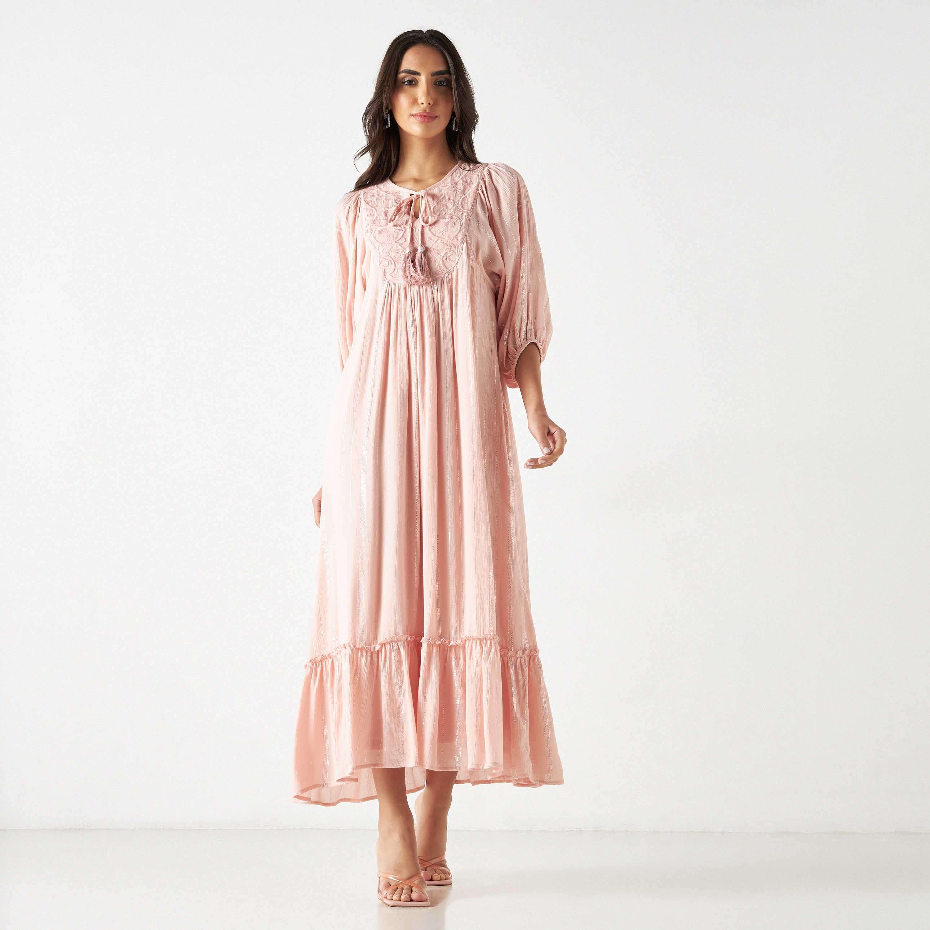 Embroidered Maxi Dress with Tie-Ups and 3/4 Sleeves-women-clothing-dresses-image-6
