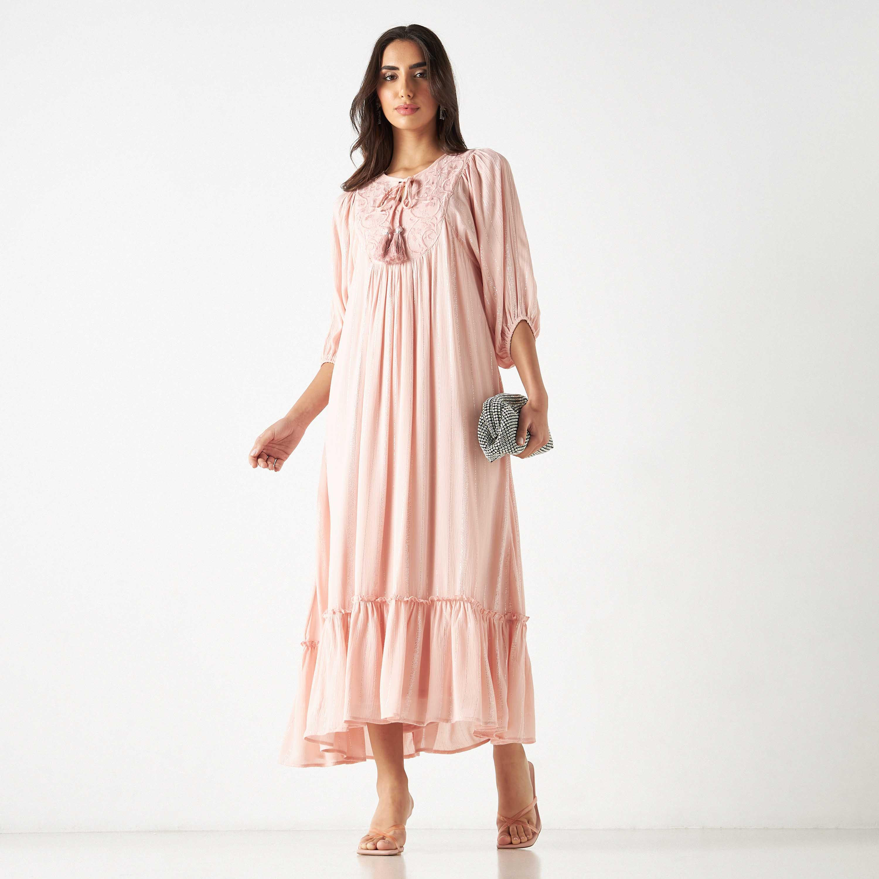 Embroidered Maxi Dress with Tie-Ups and 3/4 Sleeves-women-clothing-dresses-image-7