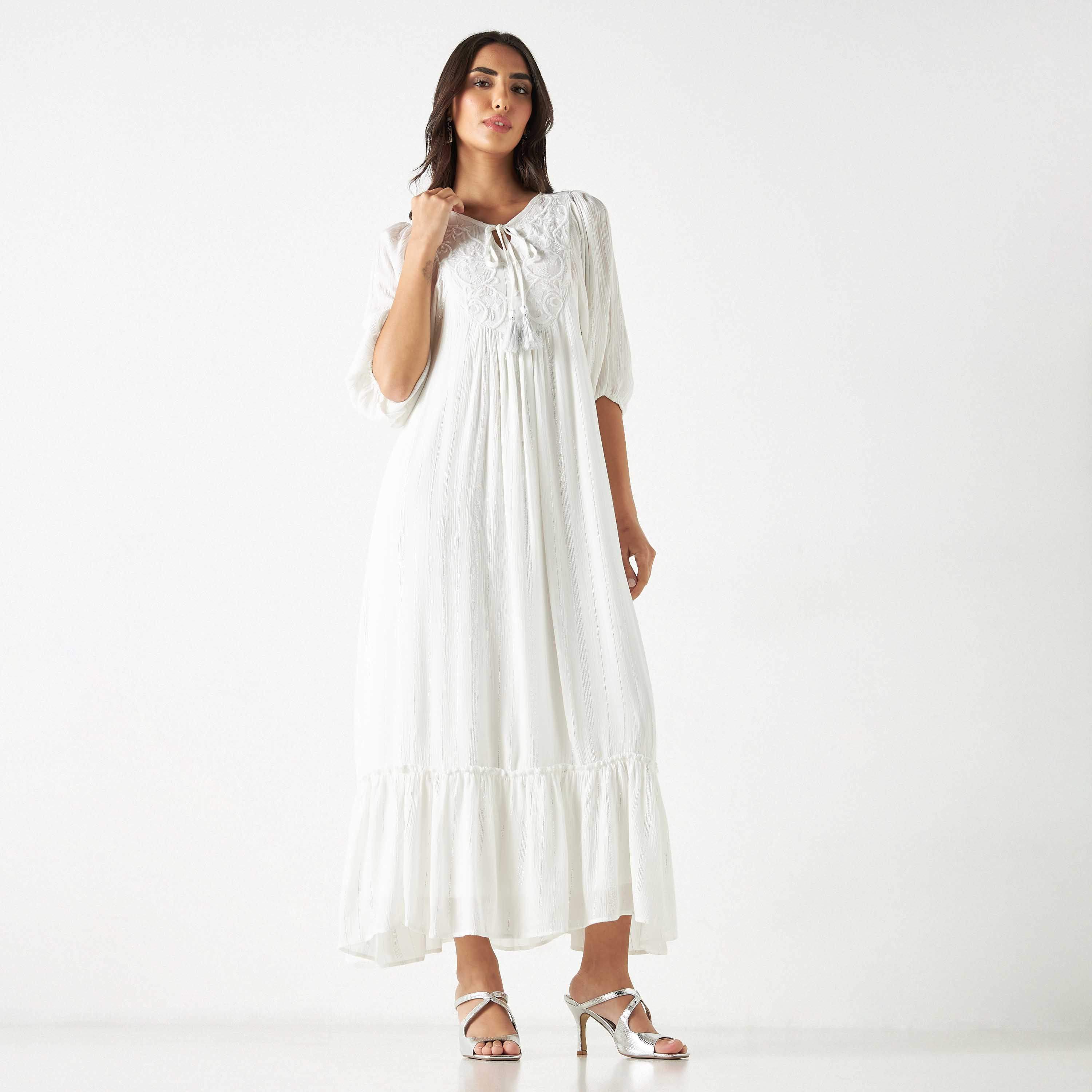 Embroidered Maxi Dress with Tie-Ups and 3/4 Sleeves-women-clothing-dresses-image-1