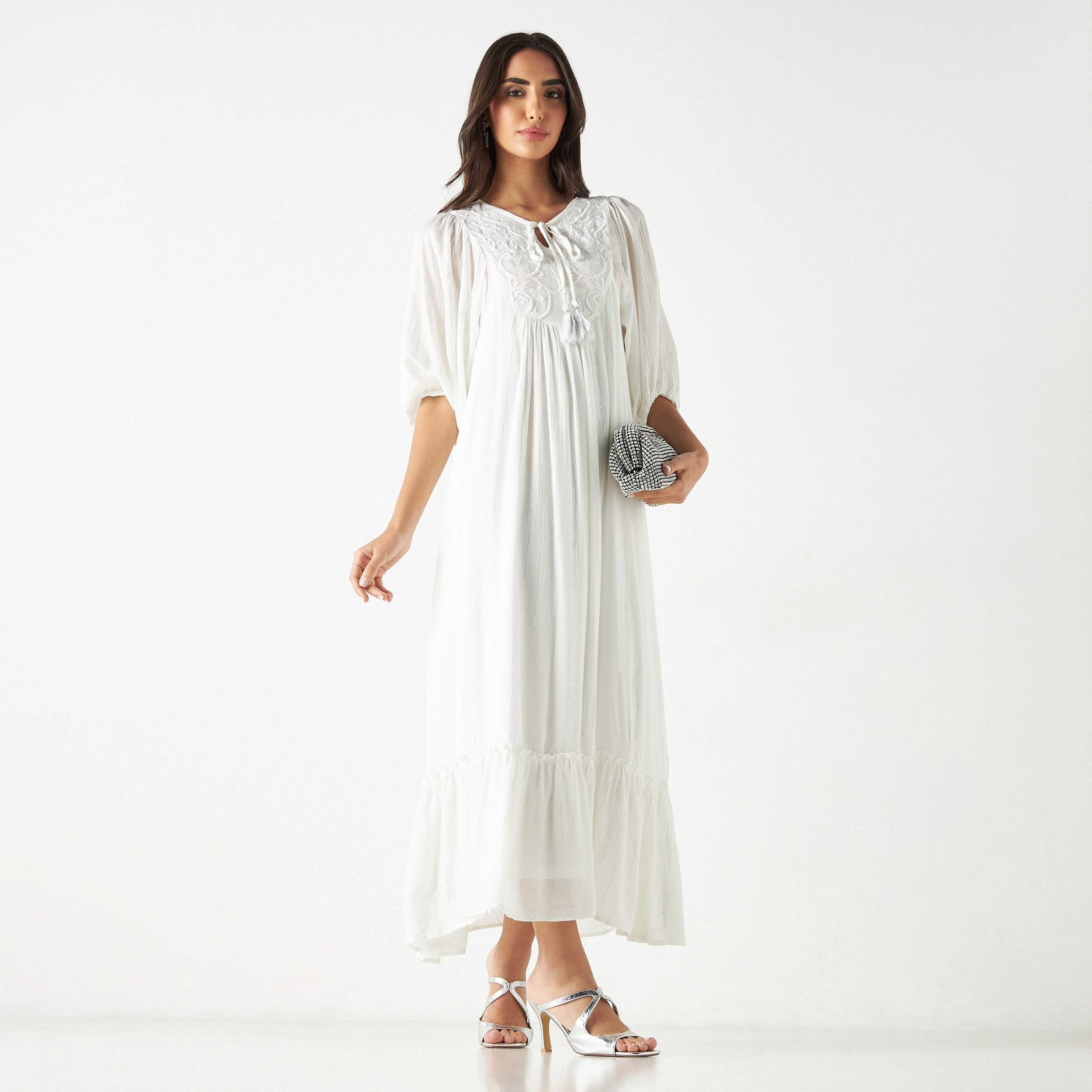 Embroidered Maxi Dress with Tie-Ups and 3/4 Sleeves-women-clothing-dresses-image-2