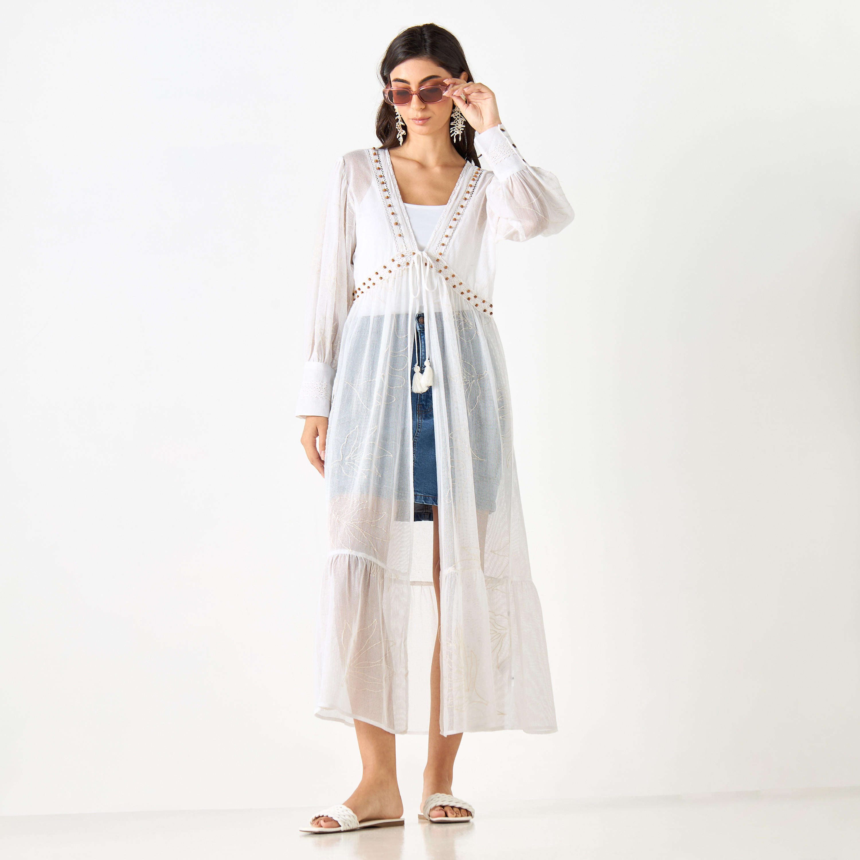 Embellished Longline Cotton Shrug with Tie-Ups and Bishop Sleeves-women-clothing-shirtsandblouses-blouses-image-2