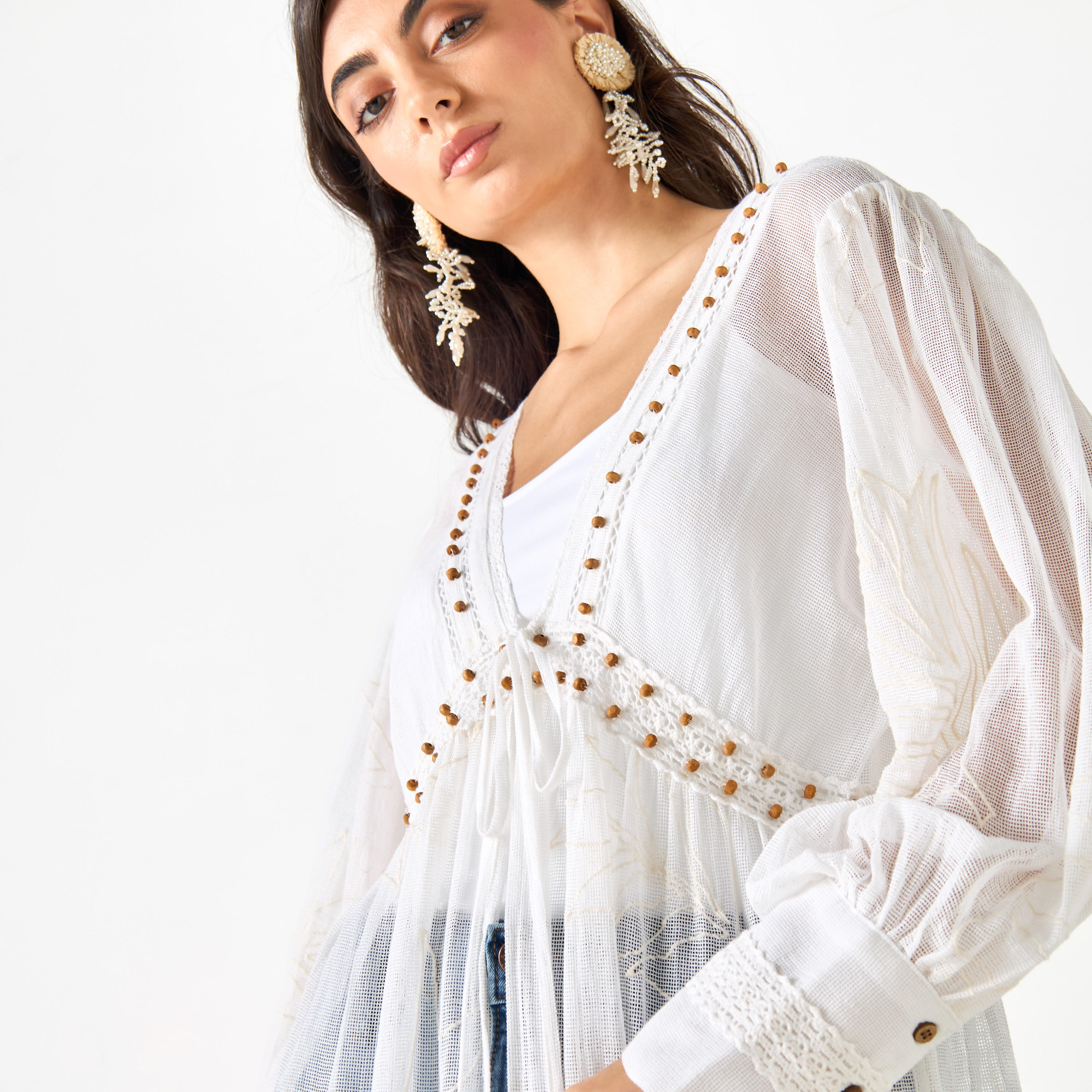 Embellished Longline Cotton Shrug with Tie-Ups and Bishop Sleeves-women-clothing-shirtsandblouses-blouses-image-4