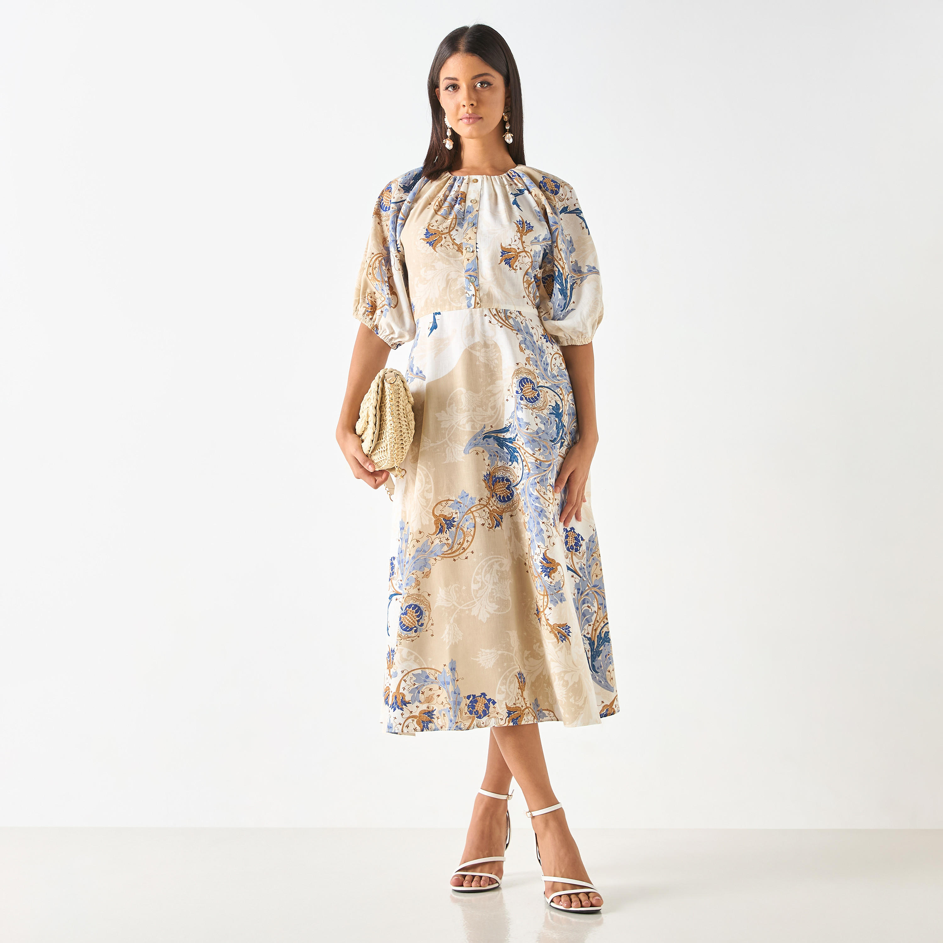 All-Over Print Midi Dress with Balloon Sleeves-women-clothing-dresses-image-1