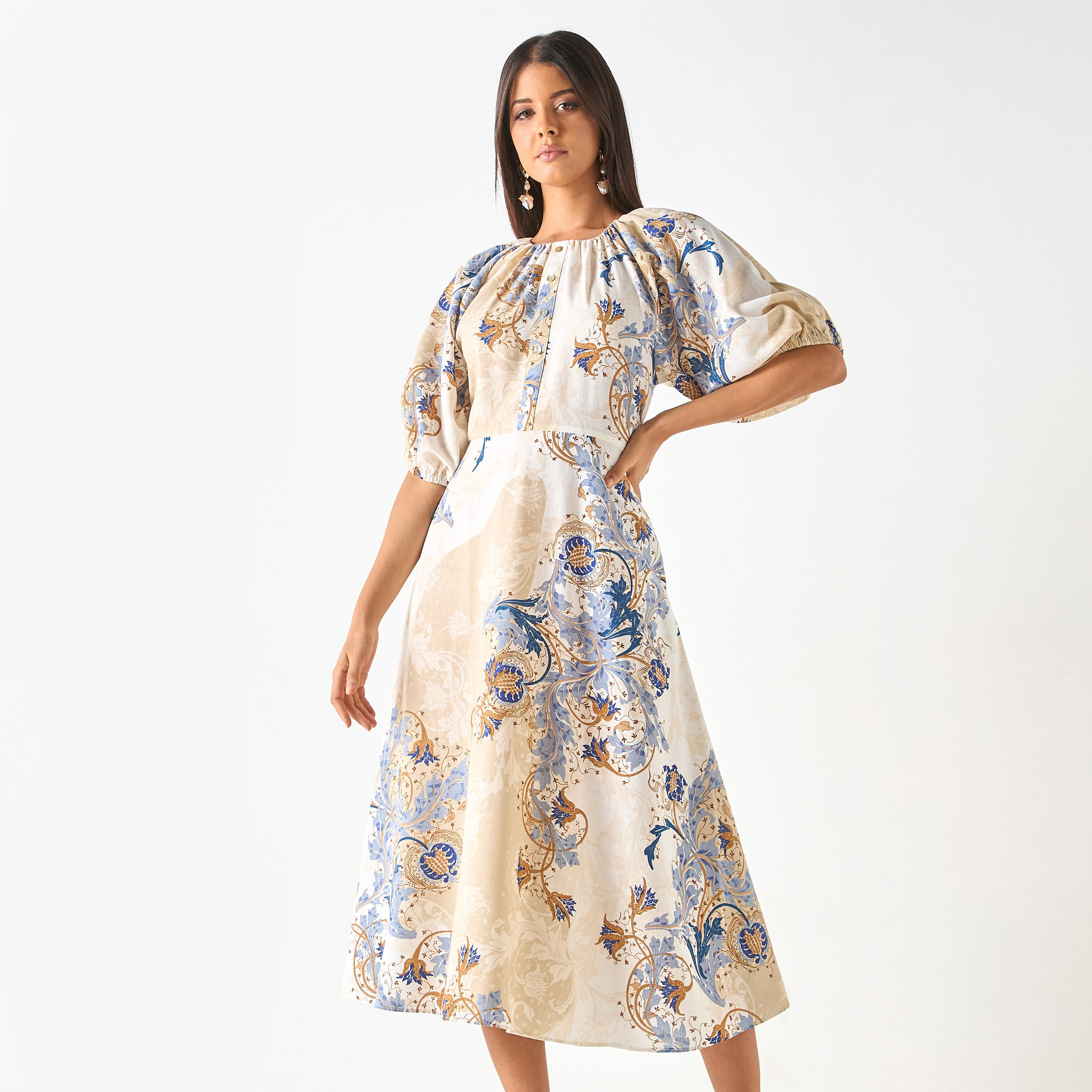 All-Over Print Midi Dress with Balloon Sleeves-women-clothing-dresses-image-2