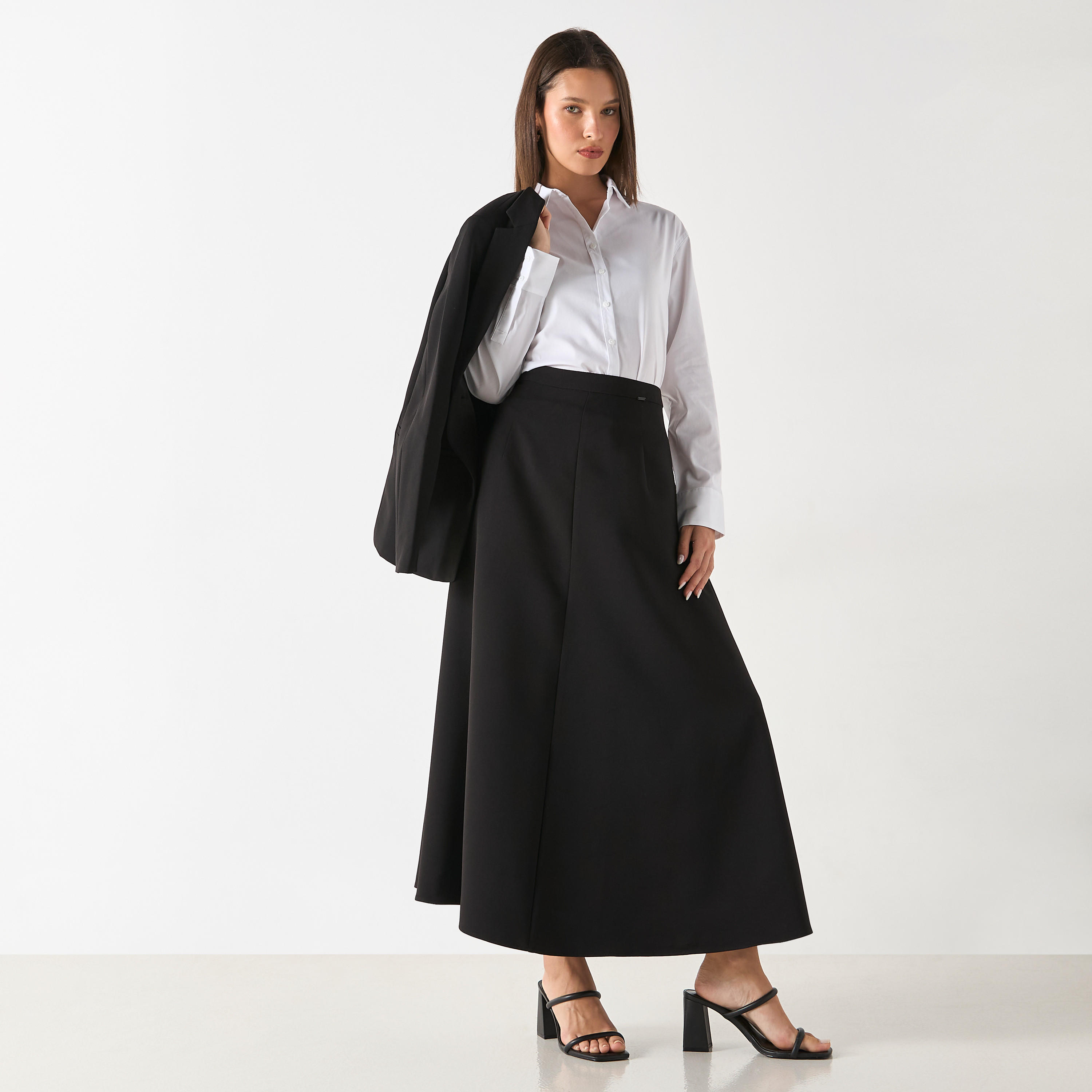 تنورة طويلة إيه لاين بارزة الملمس بخصر مطّاطي-women-clothing-skirts-image-2