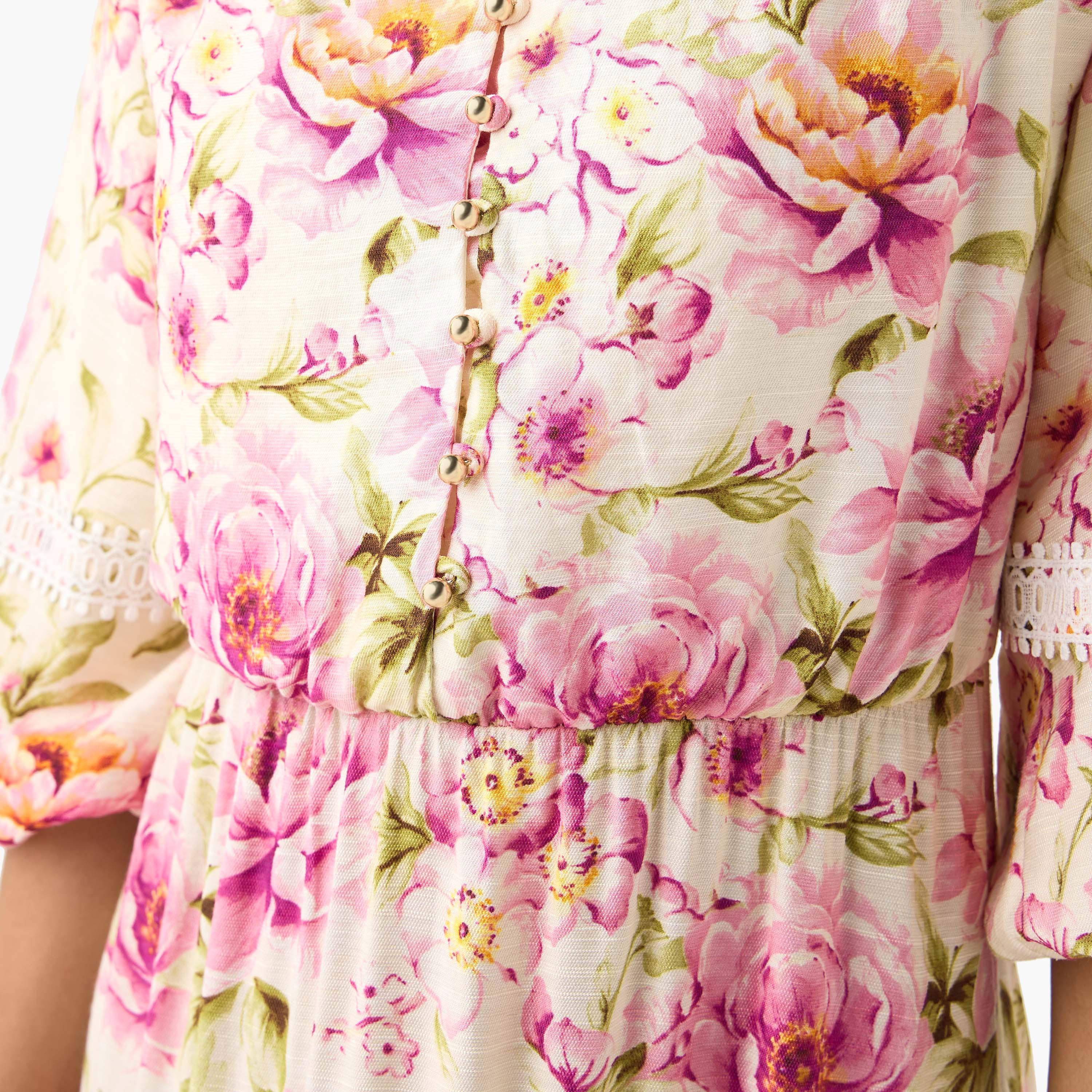 فستان متعدد الطبقات بياقة ماندرارين وطبعات أزهار-women-clothing-dresses-image-11