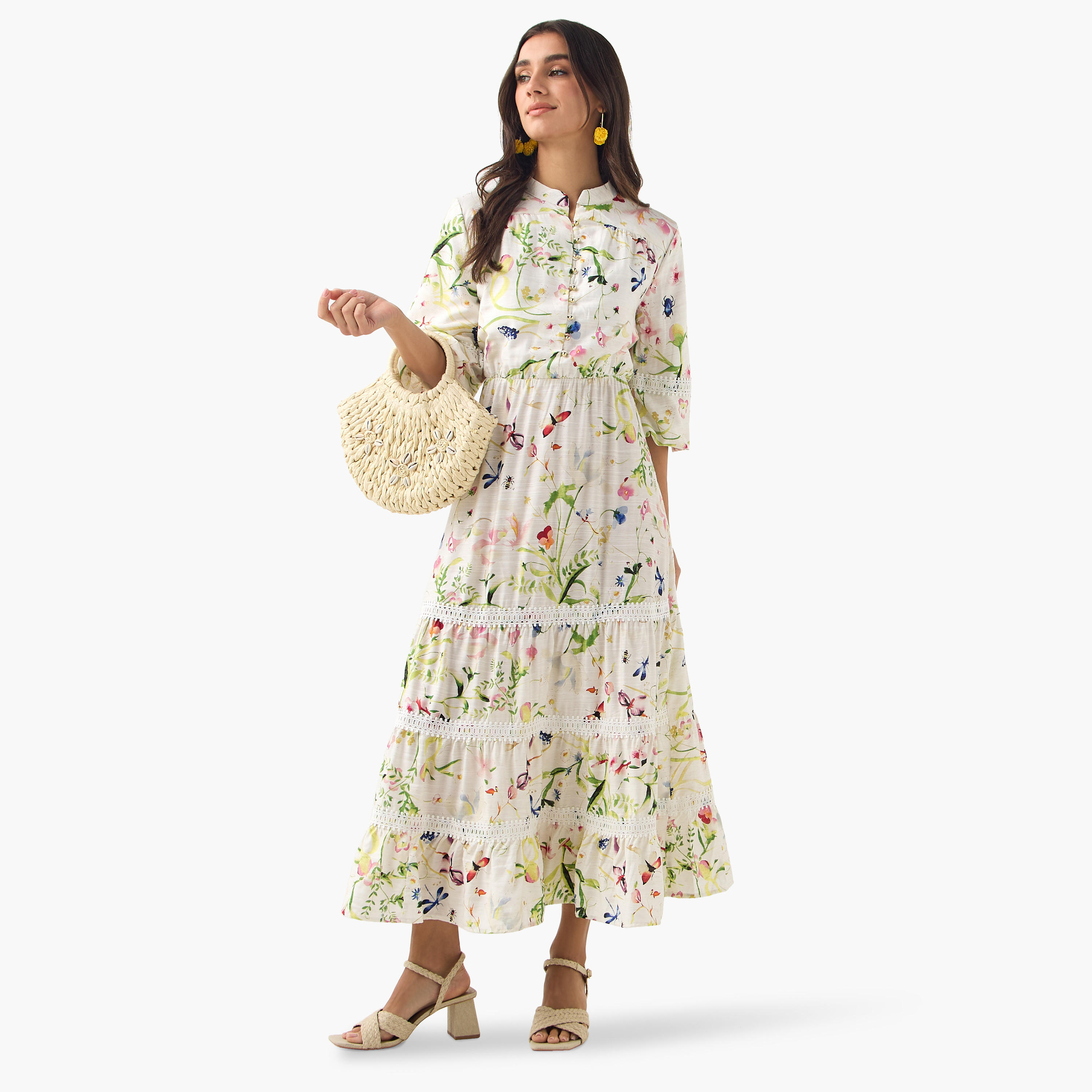 All-Over Floral Print Tiered Dress with Mandarin Collar-women-clothing-dresses-image-2