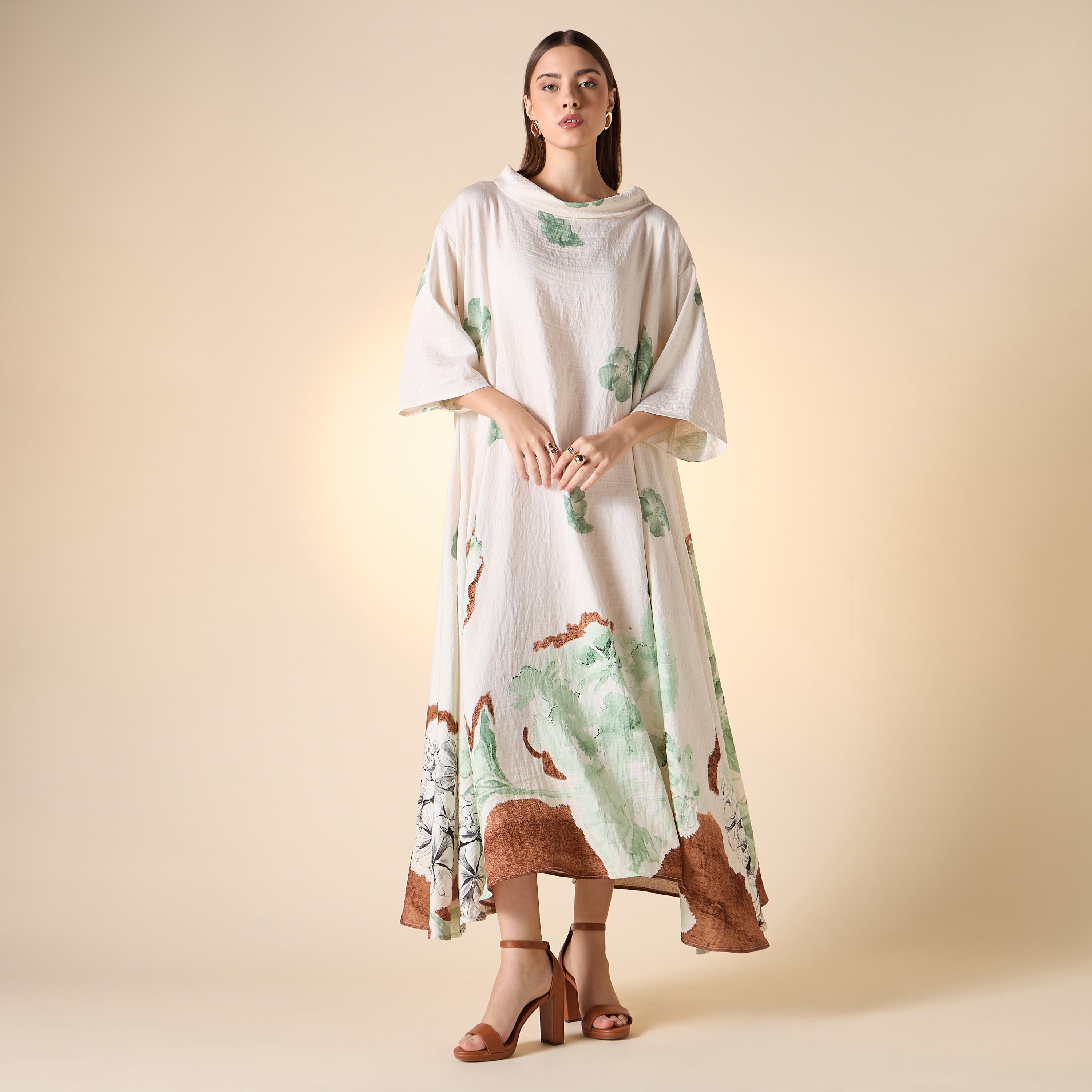 Shop Printed A-line Dress with Cowl Neck and 3/4 Sleeves Online ...