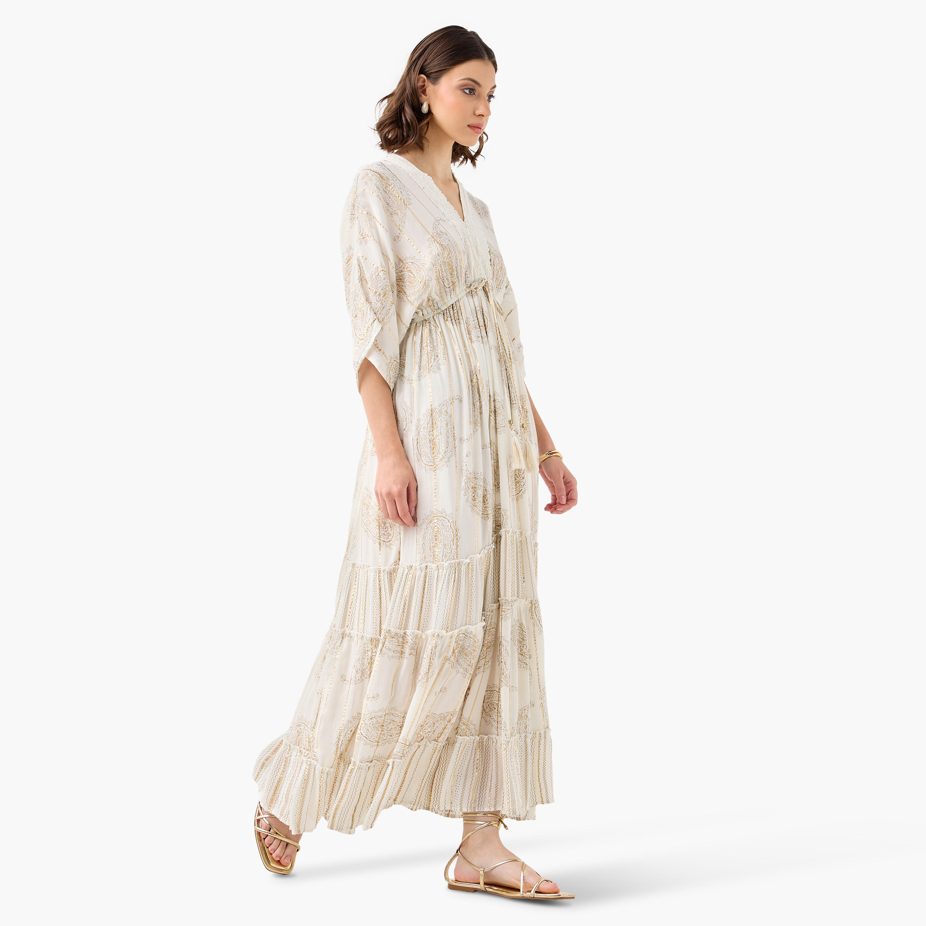 Paisley Print A-line Maxi Dress with V-neck and Tie-Up Detail-women-clothing-dresses-image-1
