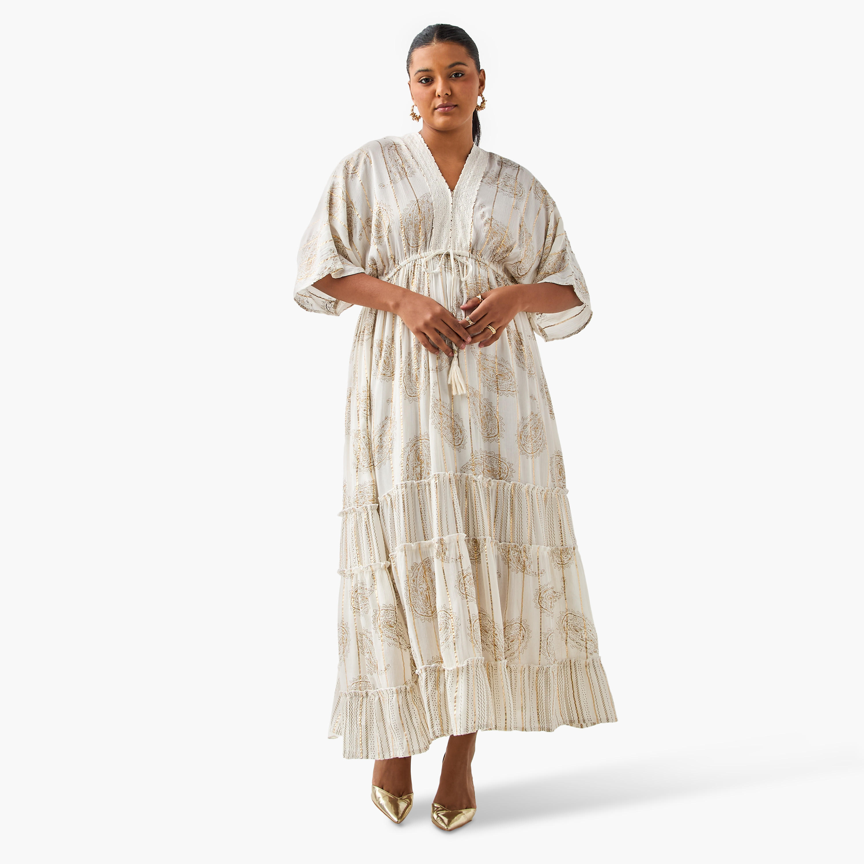 Paisley Print A-line Maxi Dress with V-neck and Tie-Up Detail-women-clothing-dresses-image-2