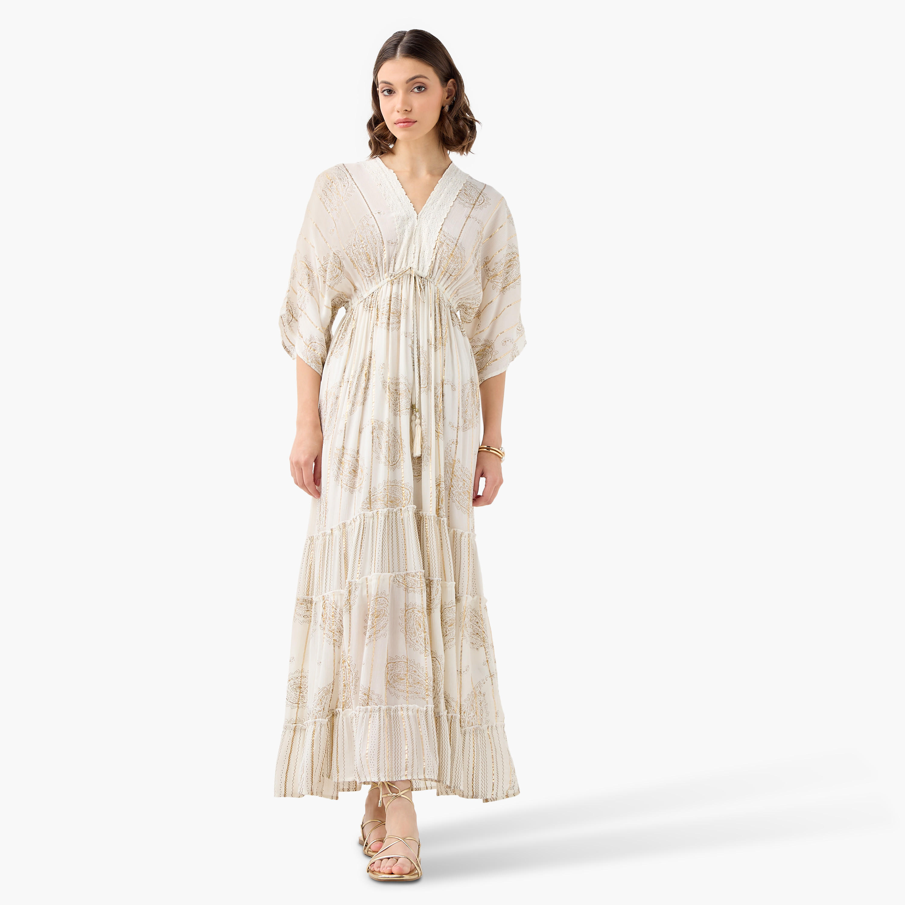 Paisley Print A-line Maxi Dress with V-neck and Tie-Up Detail-women-clothing-dresses-image-3