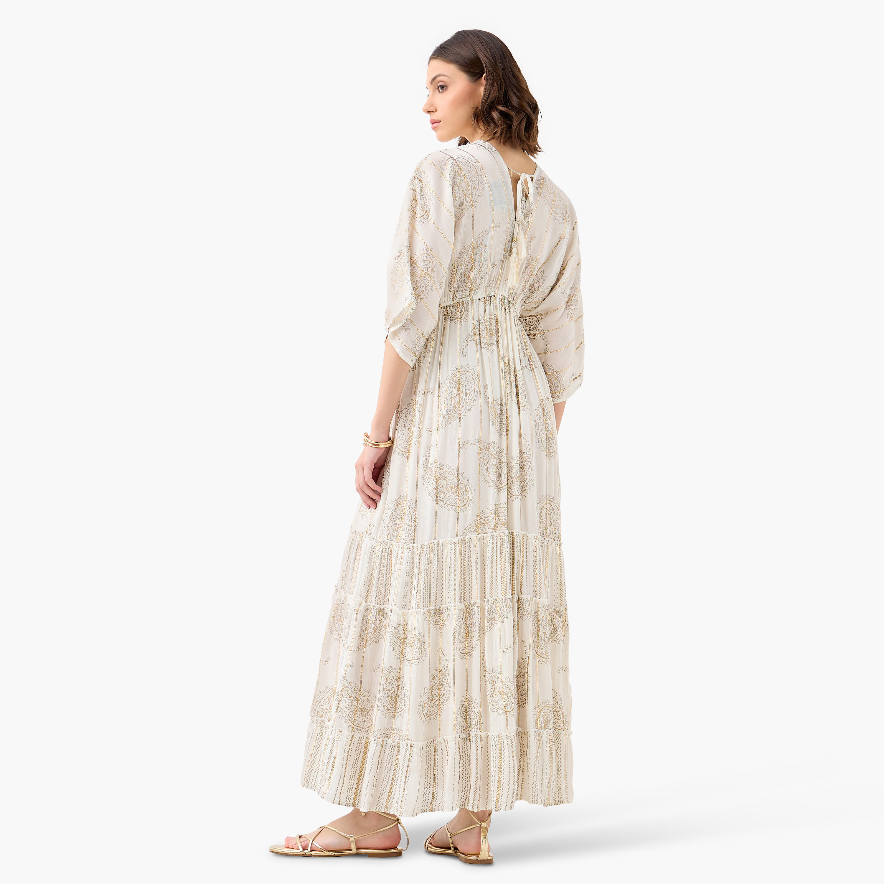 Paisley Print A-line Maxi Dress with V-neck and Tie-Up Detail-women-clothing-dresses-image-4