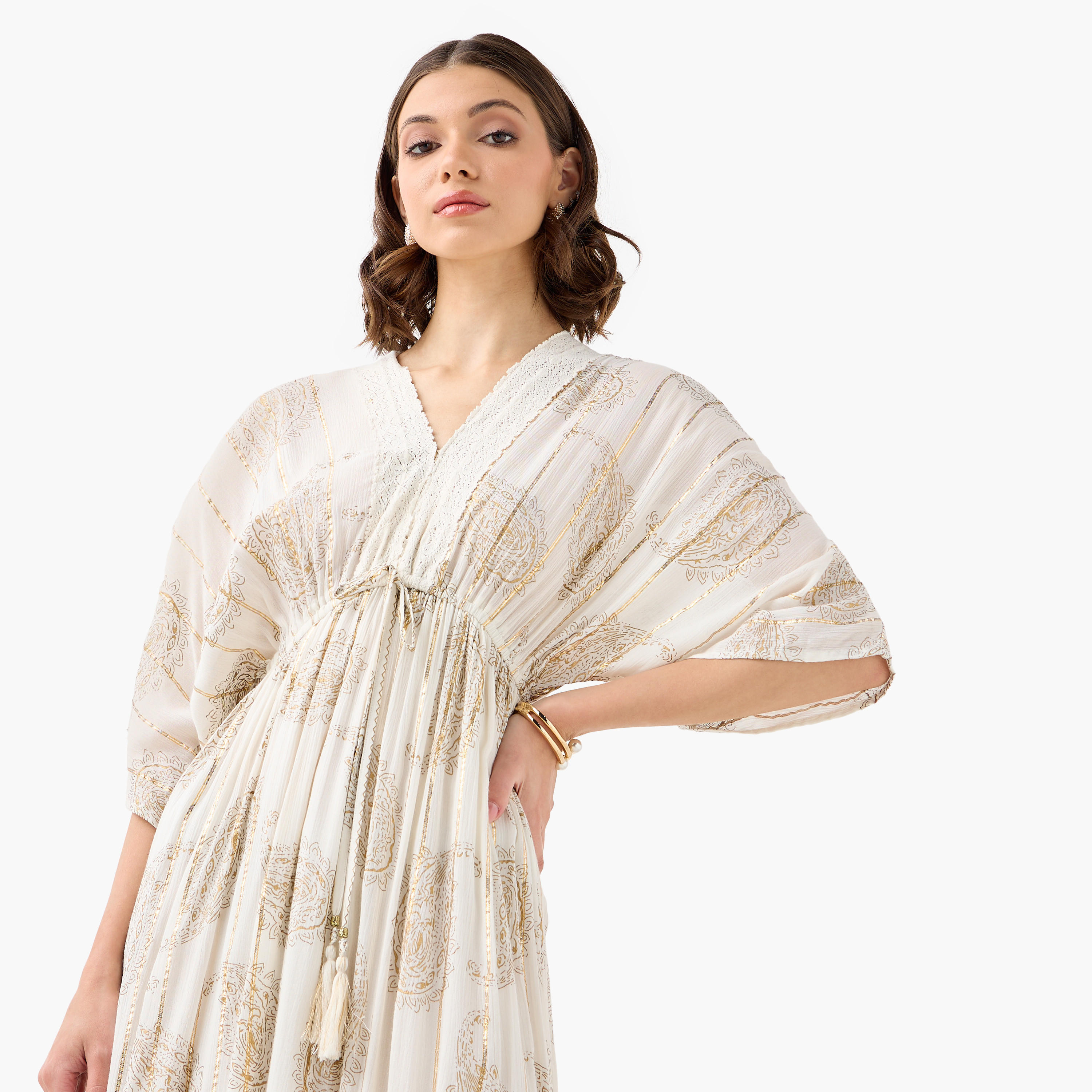 Paisley Print A-line Maxi Dress with V-neck and Tie-Up Detail-women-clothing-dresses-image-5